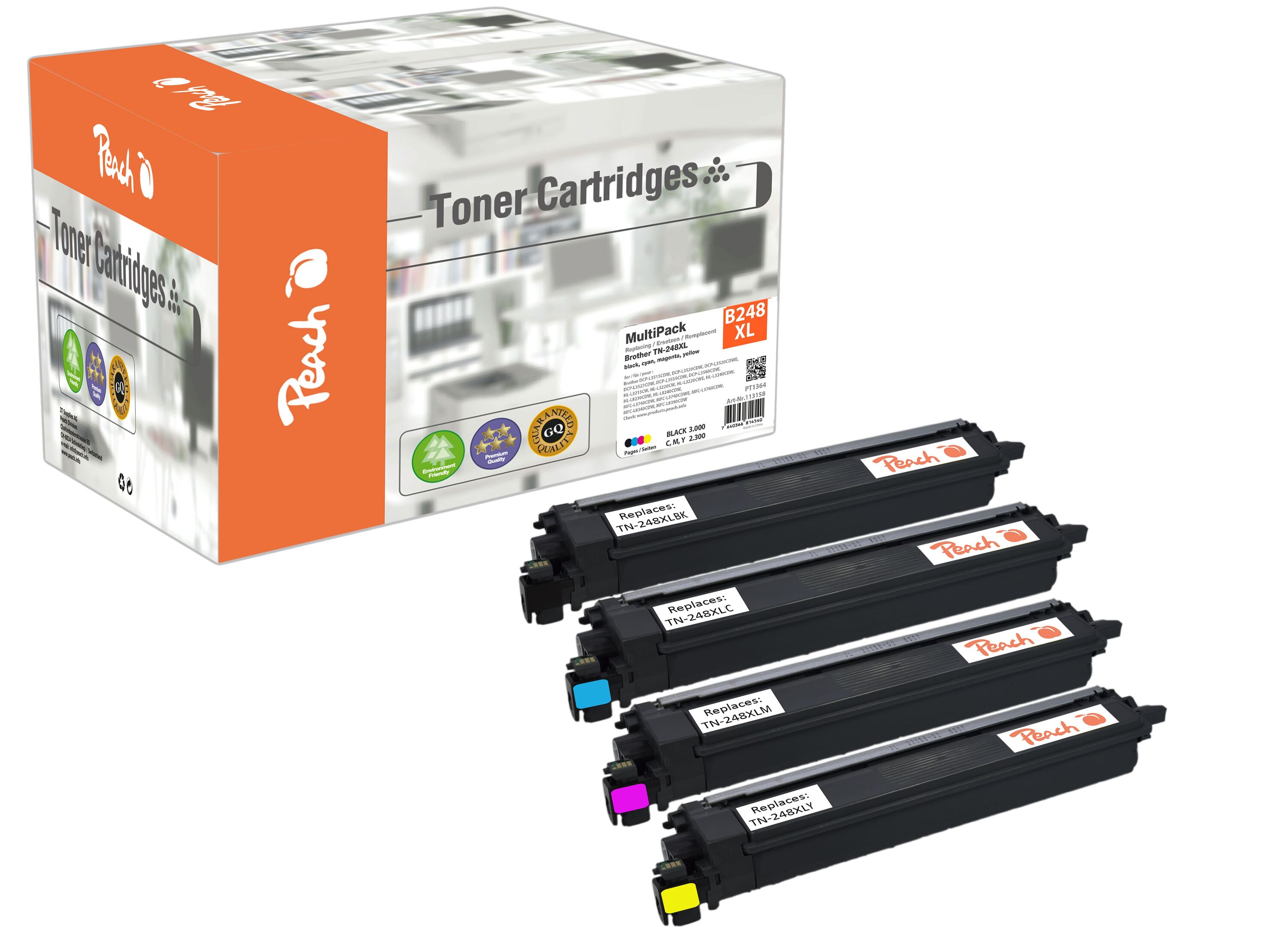 Peach B248 XL 4 Toner XL (bk, c/m/y) ersetzt Brother TN-248XL f&uuml;r z.B. Brother DCPL 3560 CDW, Brother MFCL 8390 CDW, Brother HLL 3280 CDW (wiederaufbereitet) - Bild 1