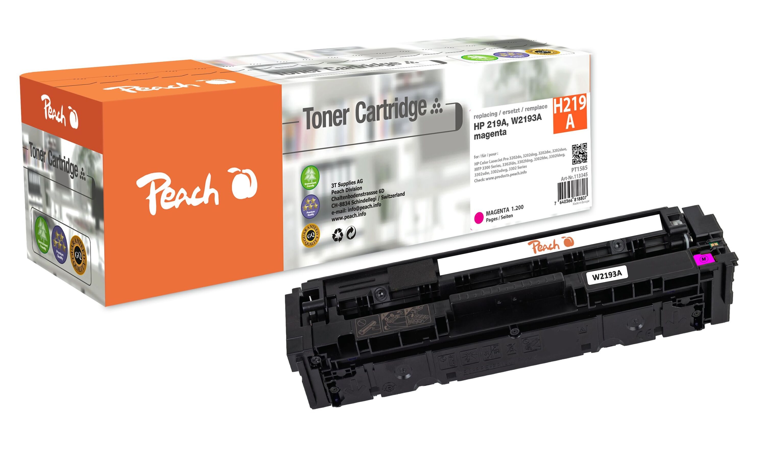 Peach HP 219 A Toner ma ersetzt HP No. 219A, W2193A f&uuml;r z.B. HP Color LaserJet Pro MFP 3302 fdw, HP Color LaserJet Pro MFP 3302 sdw (wiederaufbereitet) - Bild 1