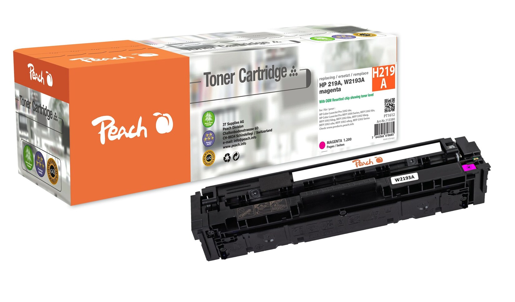 Peach HP 219 A Toner ma ersetzt HP No. 219A, W2193A für z.B. HP Color LaserJet Pro MFP 3302 fdn, HP Color LaserJet Pro MFP 3302 fdw (wiederaufbereitet)