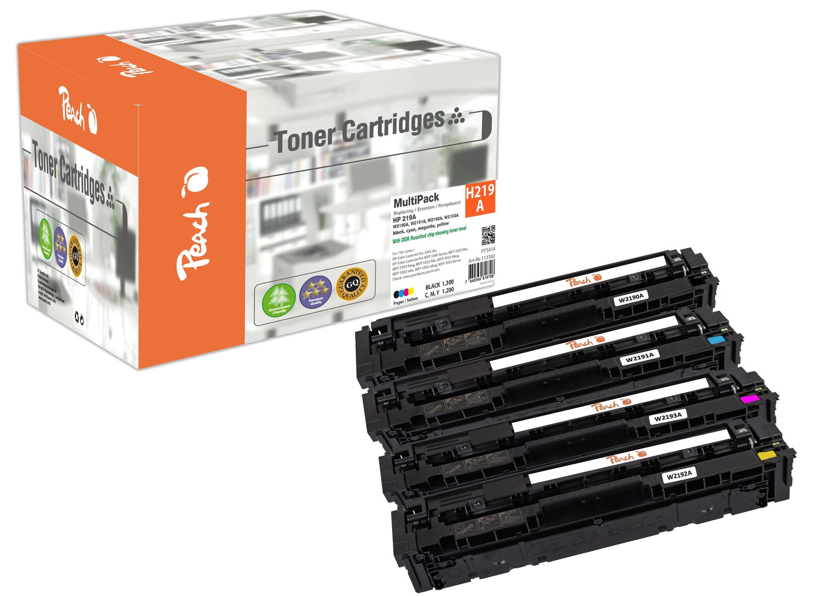 Peach HP 219 A 4 Toner (bk, c/m/y) ersetzt HP No. 219A, W2190A, W2191A, W2192A, W2193A für z.B. HP Color LaserJet Pro MFP 3302 fdn (wiederaufbereitet)