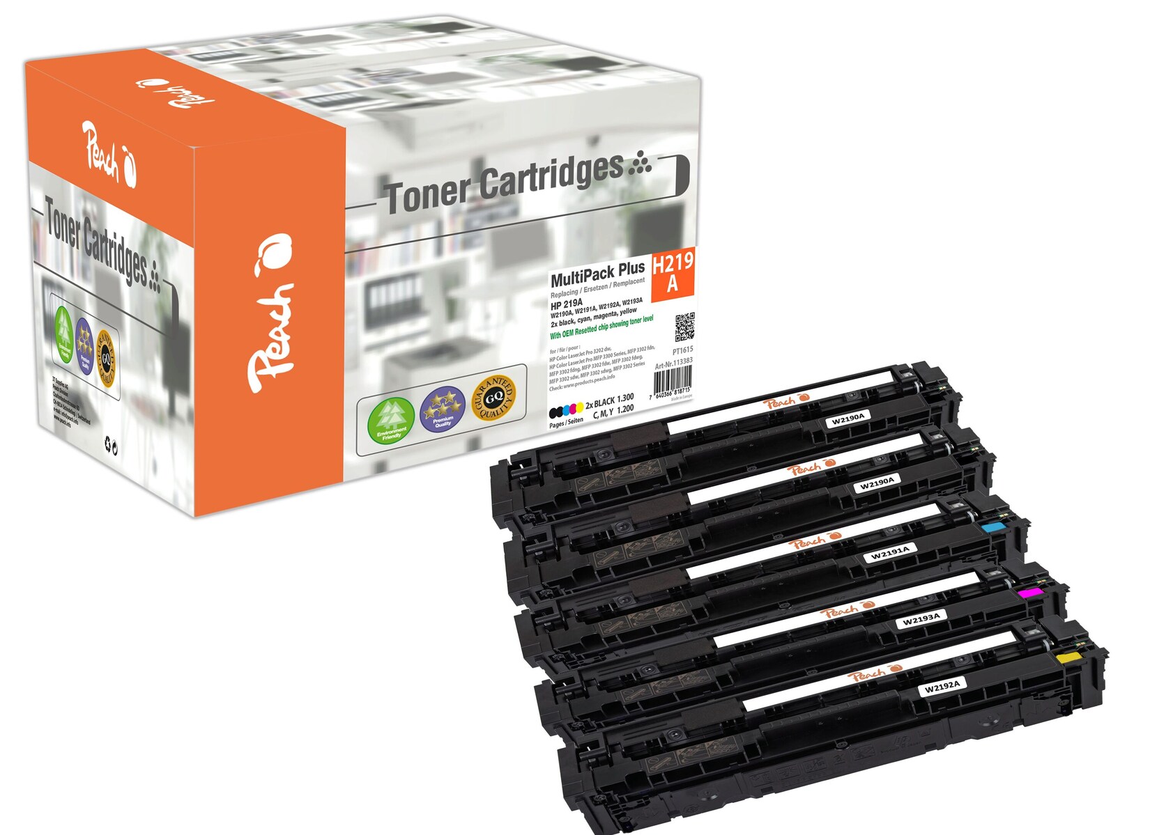 Peach HP 219 A 5 Toner (2*bk, c/m/y) ersetzt HP No. 219A, W2190A*2, W2191A, W2192A, W2193A für z.B. HP Color LaserJet Pro MFP 3302 fdn (wiederaufbereitet)
