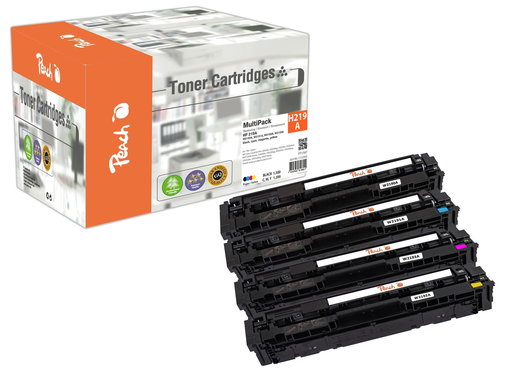 Peach HP 219 A 4 Toner (bk, c/m/y) ersetzt HP No. 219A, W2190A, W2191A, W2192A, W2193A für z.B. HP Color LaserJet Pro MFP 3302 fdn (wiederaufbereitet)
