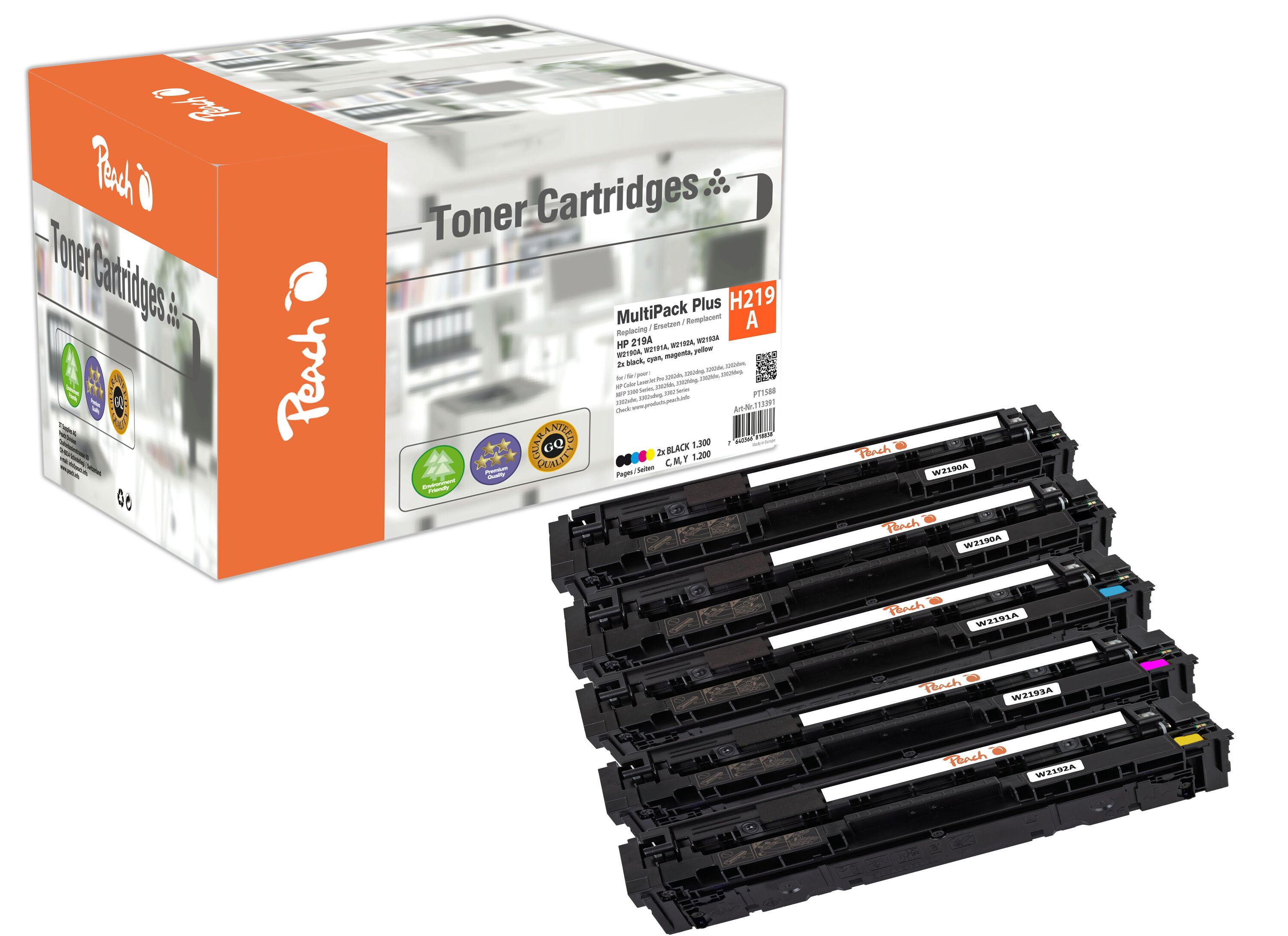 Peach HP 219 A 5 Toner (2*bk, c/m/y) ersetzt HP No. 219A, W2190A*2, W2191A, W2192A, W2193A f&uuml;r z.B. HP Color LaserJet Pro MFP 3302 fdw (wiederaufbereitet) - Bild 1