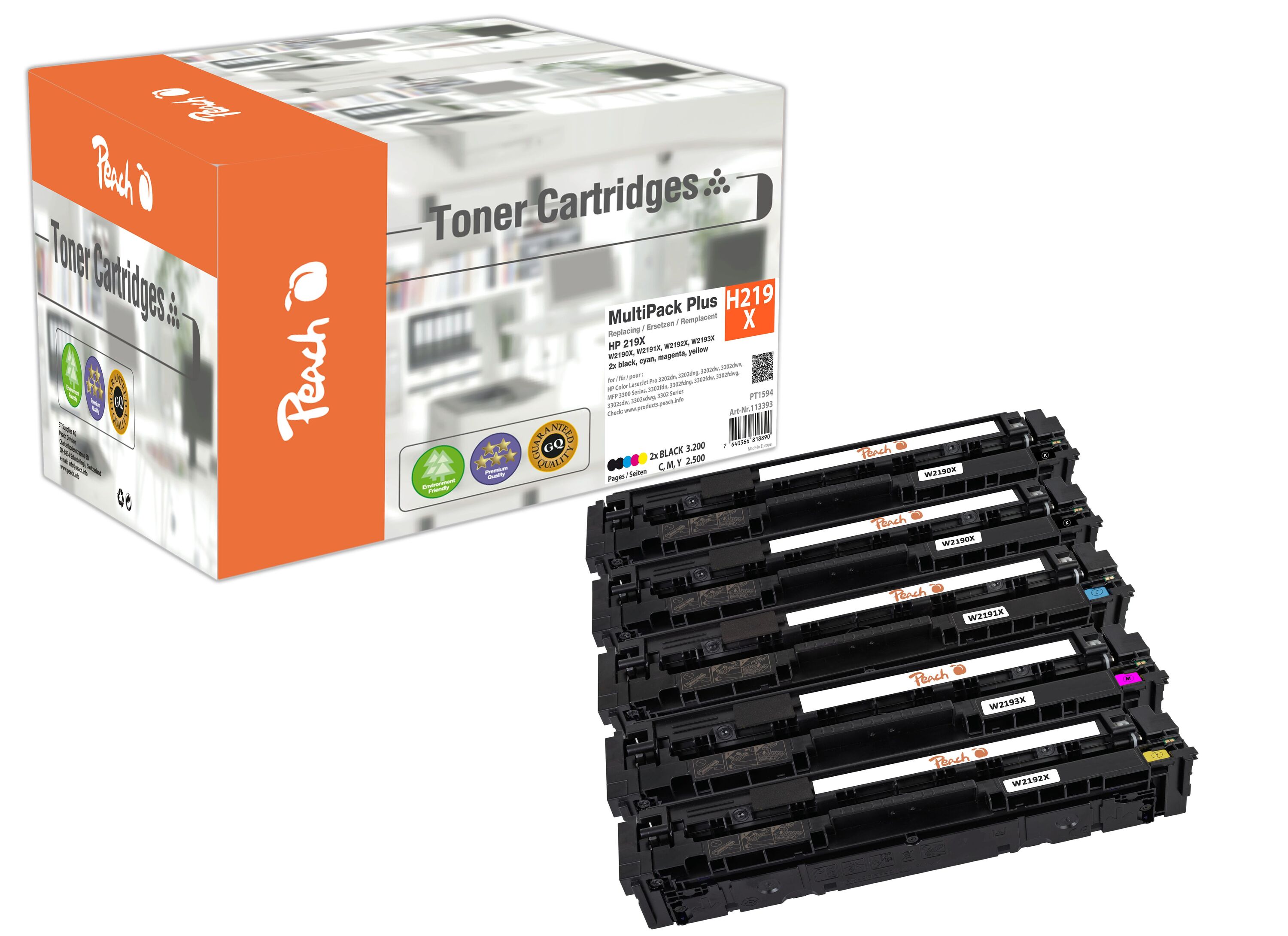 Peach HP 219 X 5 Toner XL (2*bk, c/m/y) ersetzt HP No. 219X, W2190X*2, W2191X, W2192X, W2193X f&uuml;r z.B. HP Color LaserJet Pro MFP 3302 fdw (wiederaufbereitet) - Bild 1