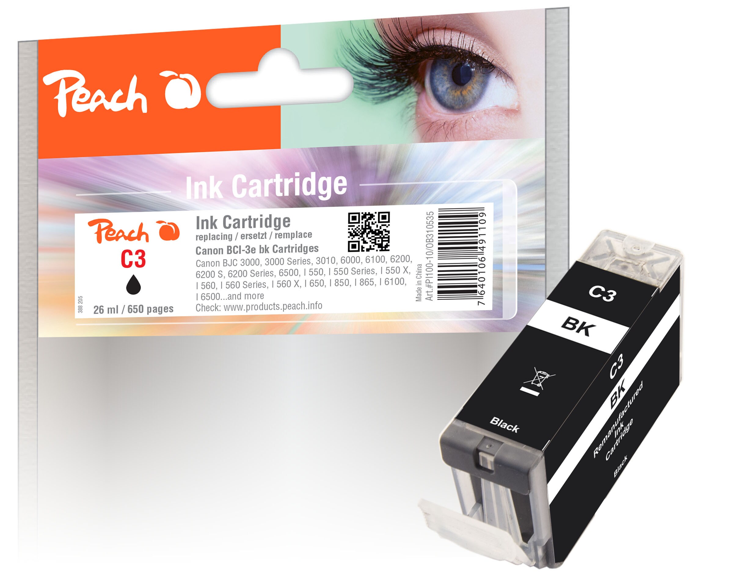 Peach C3 eBK Druckerpatrone bk ersetzt Canon BCI-3eBK, 4479A002 f&uuml;r z.B. Canon BJC 3000, Canon BJC 3010, Canon BJC 6000, Canon BJC 6100, Canon I 550 (wiederaufbereitet) - Bild 1