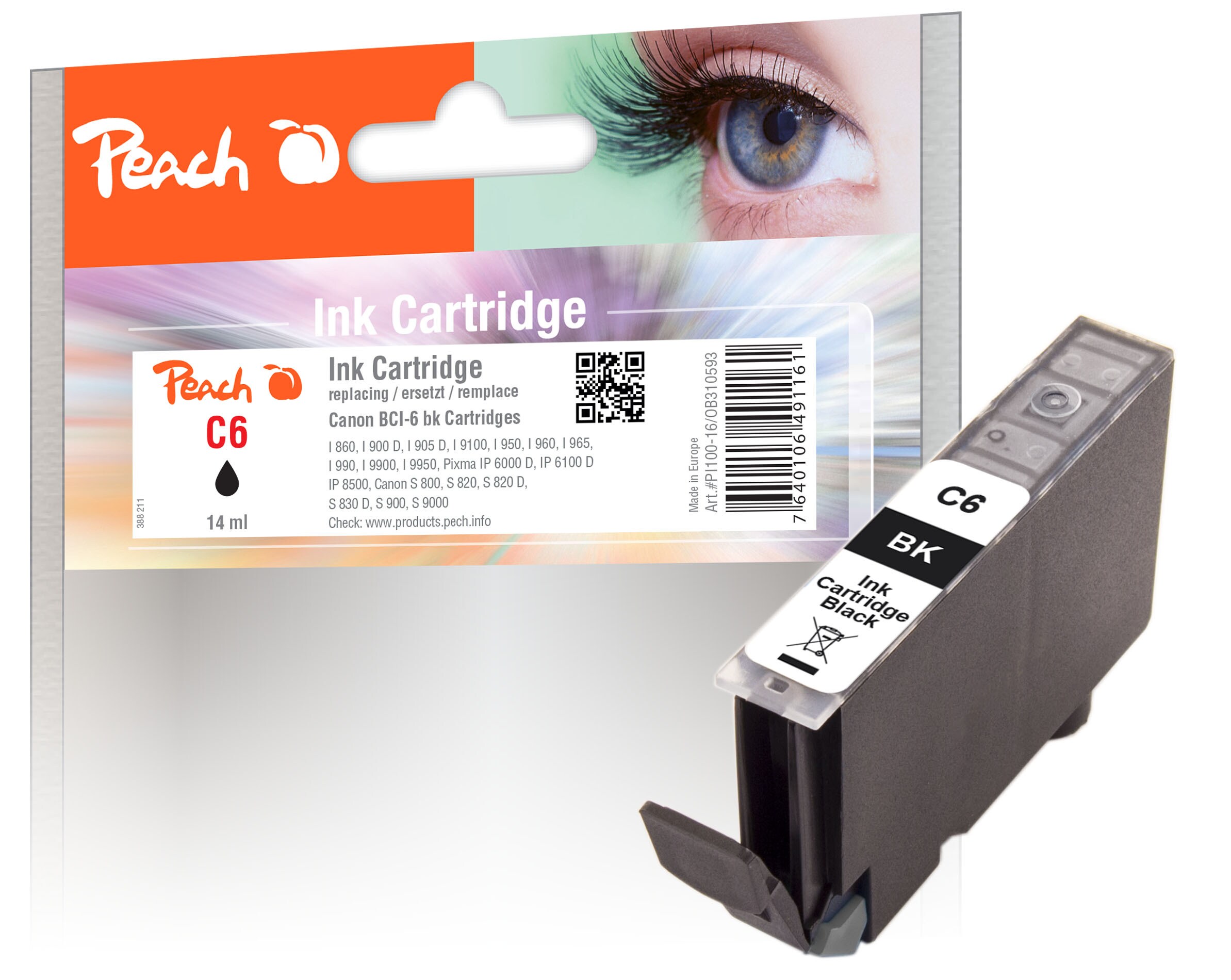 Peach C6 BK Druckerpatrone bk ersetzt Canon BCI-6BK, 4705A002 f&uuml;r z.B. Canon BJ 535 PD, Canon BJ 895 PD, Canon BJC 8200, Canon BJF 9000, Canon I 860 (wiederaufbereitet) - Bild 1