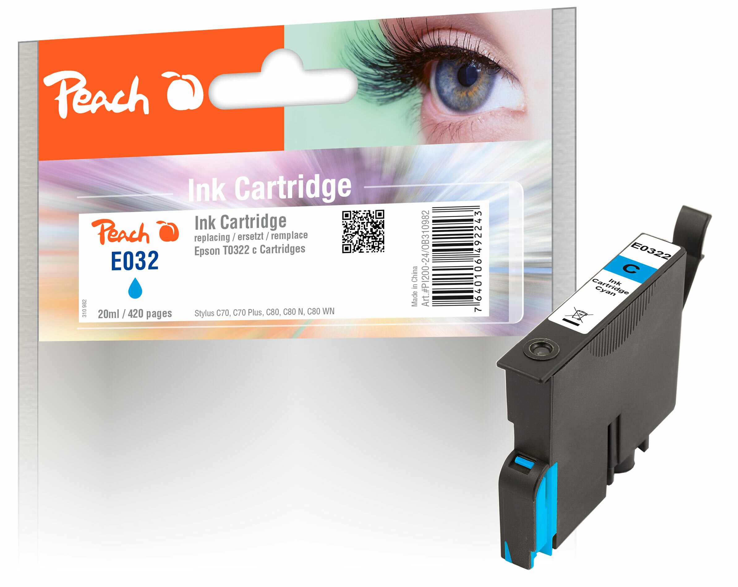 Peach E322 C Druckerpatrone cy ersetzt Epson T0322C, C13T03224010 f&uuml;r z.B. Epson Stylus C 70, Epson Stylus C 70 Plus, Epson Stylus C 80 - Bild 1