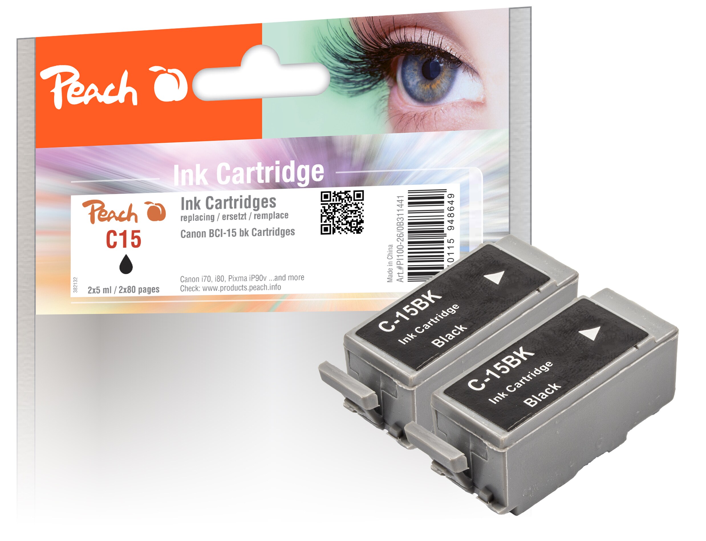 Peach C15 BK 2 Druckerpatronen 2*bk ersetzt Canon BCI-15BK*2, 8190A002 f&uuml;r z.B. Canon I 70, Canon I 80, Canon Pixma IP 90, Canon Pixma IP 90 V - Bild 1