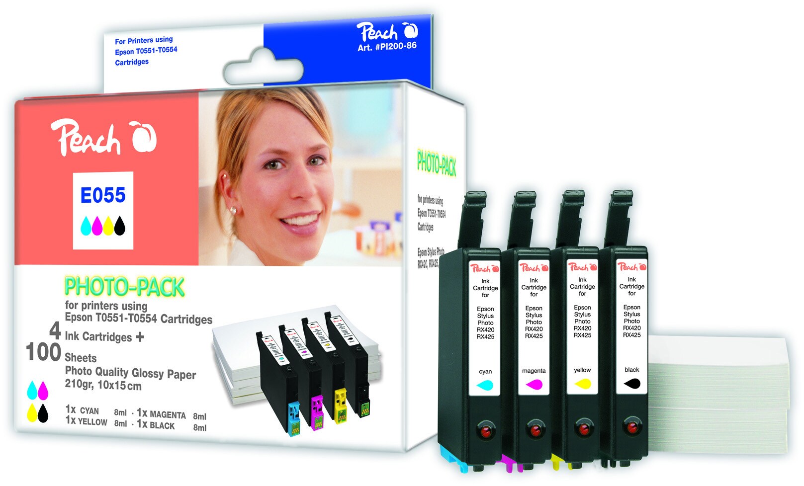 Peach E556  Foto Pack Druckerpatronen (bk, c/m/y) ersetzt Epson T0556, C13T05564010 f&uuml;r z.B. Epson Stylus Photo R 240, Epson Stylus Photo R 245 - Bild 1
