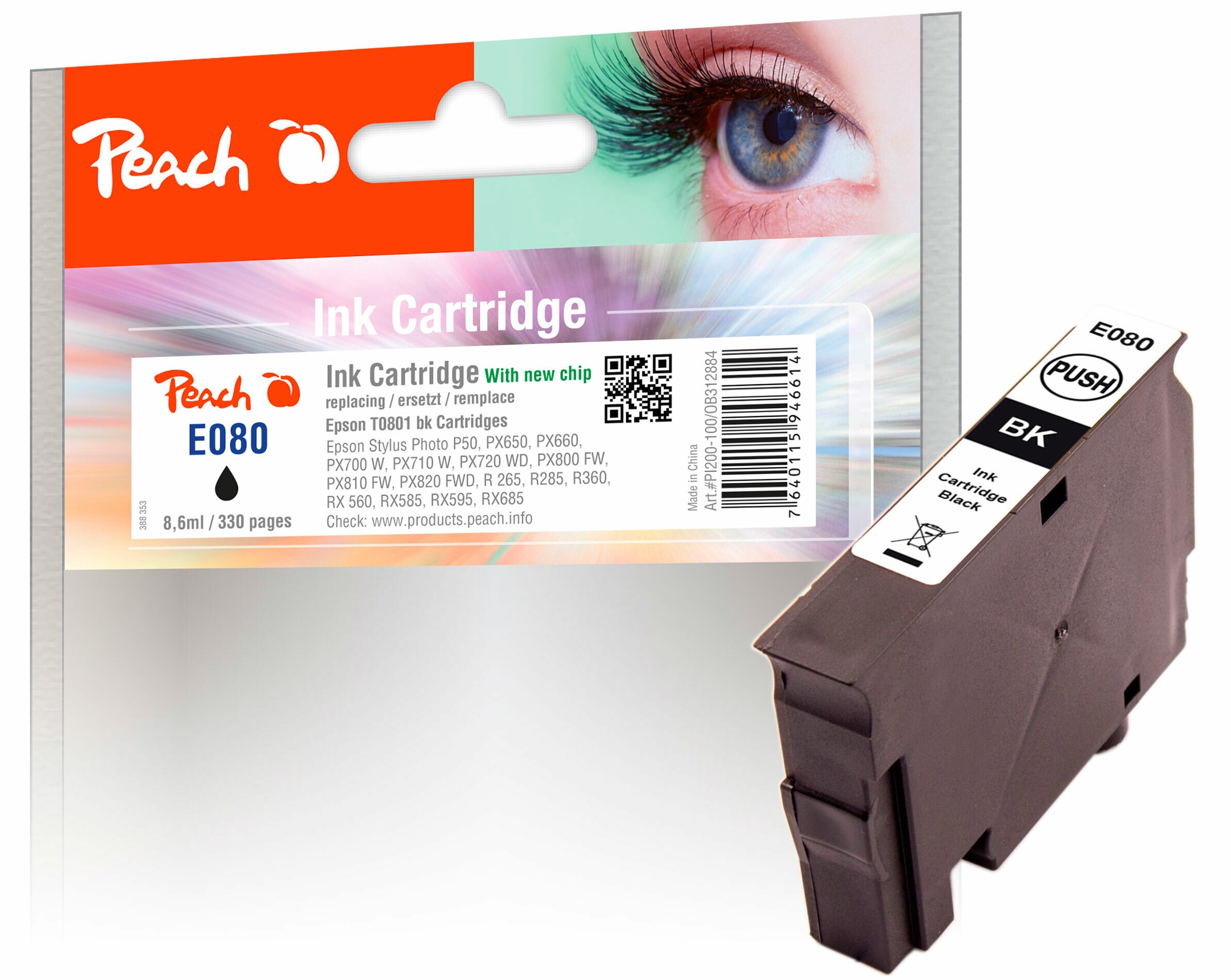 Peach E801 bk Druckerpatrone bk ersetzt Epson T0801 bk, C13T08014011 f&uuml;r z.B. Epson Stylus Photo PX 820 FWD, Epson Stylus Photo P 50 - Bild 1