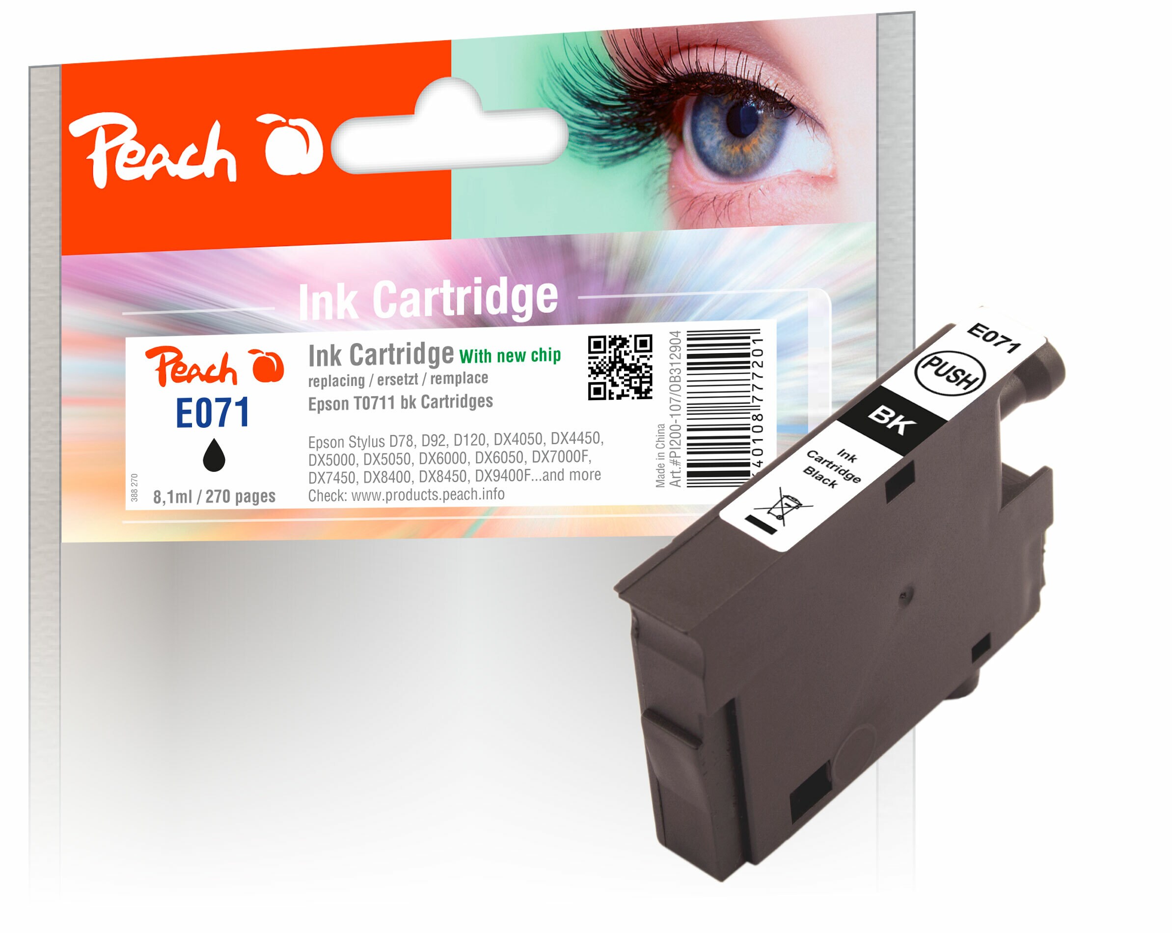 Peach E711 bk Druckerpatrone XL bk ersetzt Epson T0711 bk, C13T07114011 f&uuml;r z.B. Epson Stylus DX 8400, Epson Stylus SX 218, Epson Stylus D 120 - Bild 1