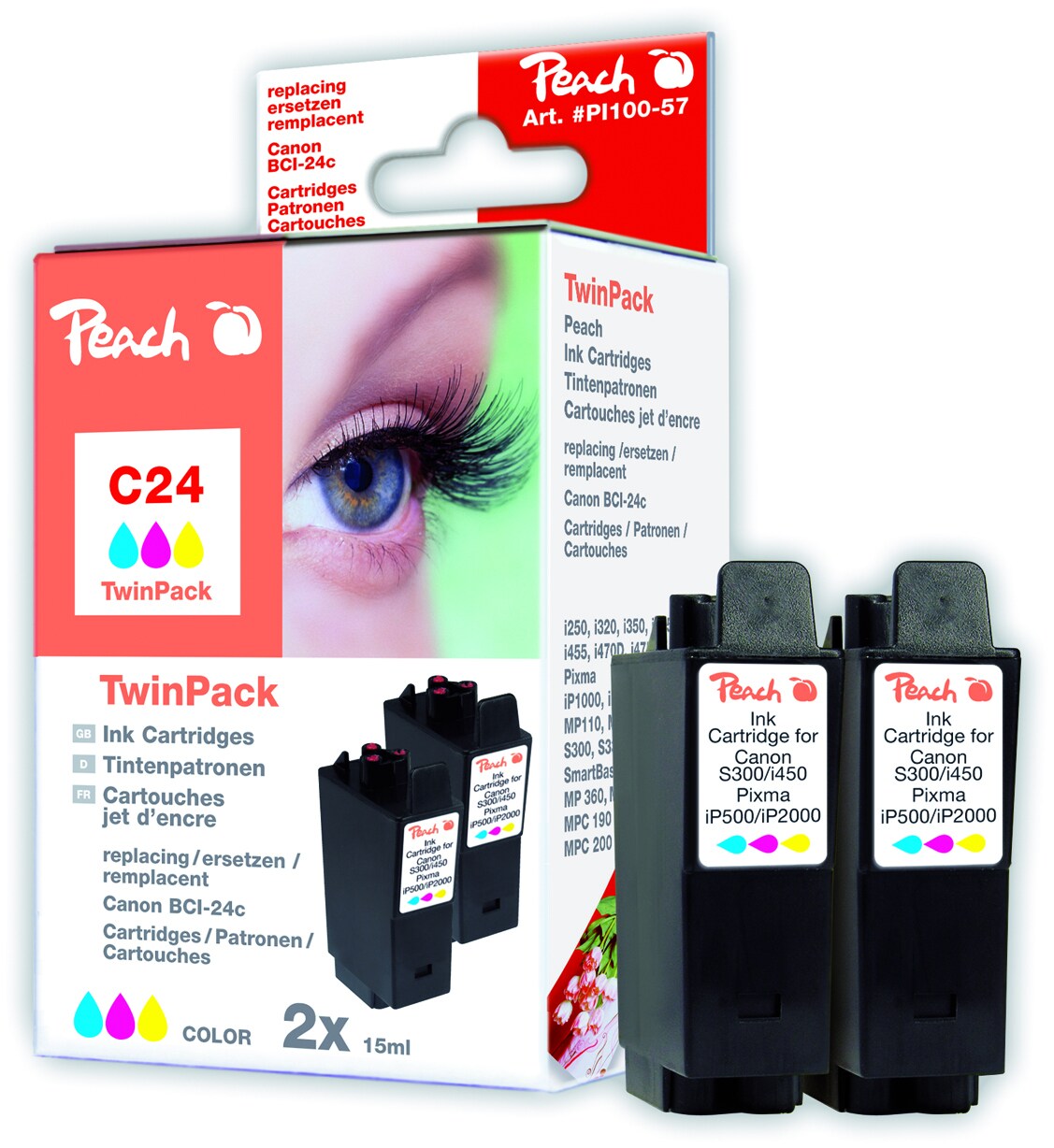 Peach C24 C 2 Druckerpatronen 2*col ersetzt Canon BCI-24C*2, 6882A002 f&uuml;r z.B. Canon BJS 330, Canon I 250, Canon I 255, Canon I 320, Canon I 350 - Bild 1