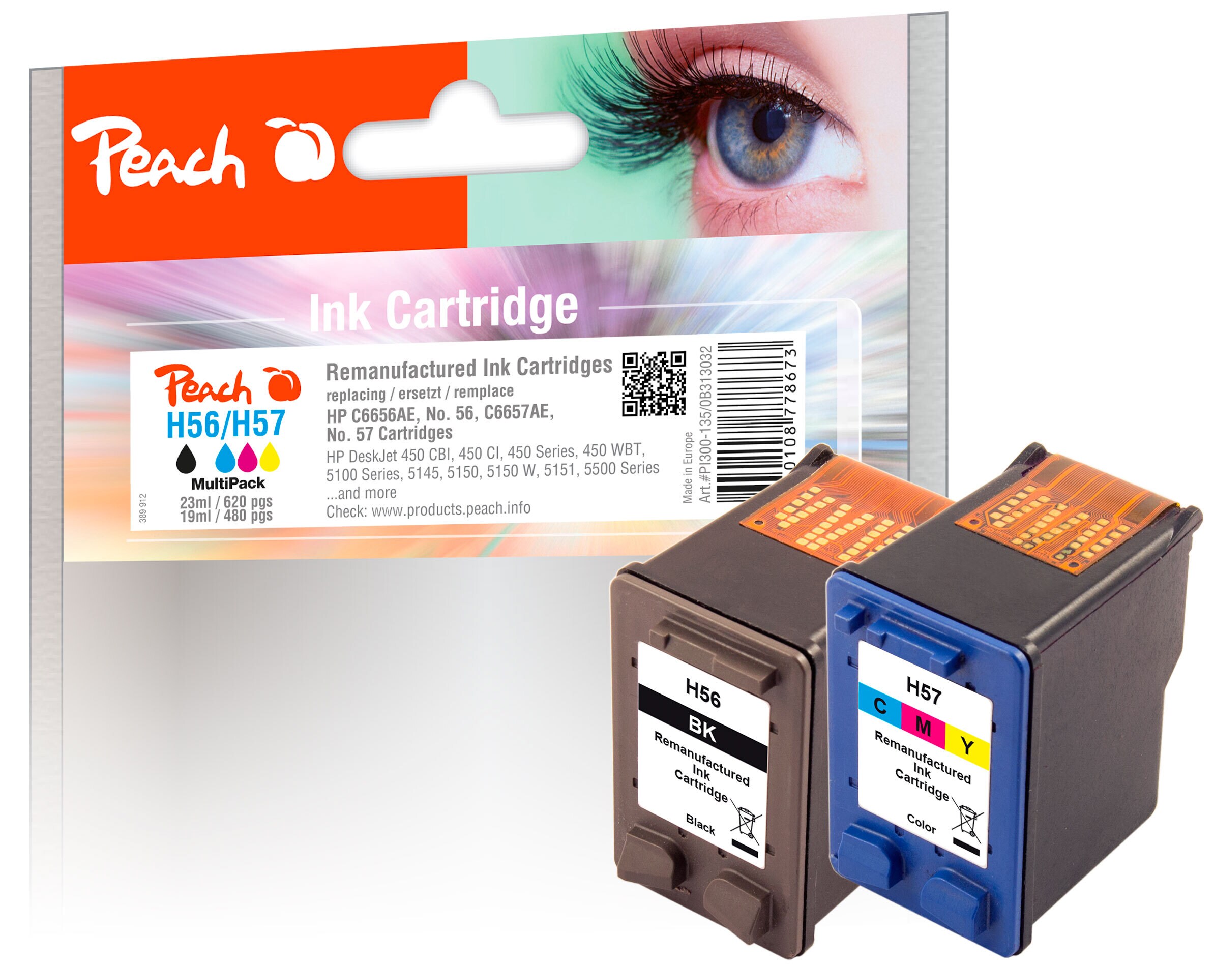 Peach HP 56  2 Druckk&ouml;pfe Druckerpatronen bk/c (bk, col) ersetzt HP No. 56, No. 57, SA342AE f&uuml;r z.B. HP DeskJet 450 CBI, HP DeskJet 450 CI, HP Fax 1240 (wiederaufbereitet) - Bild 1