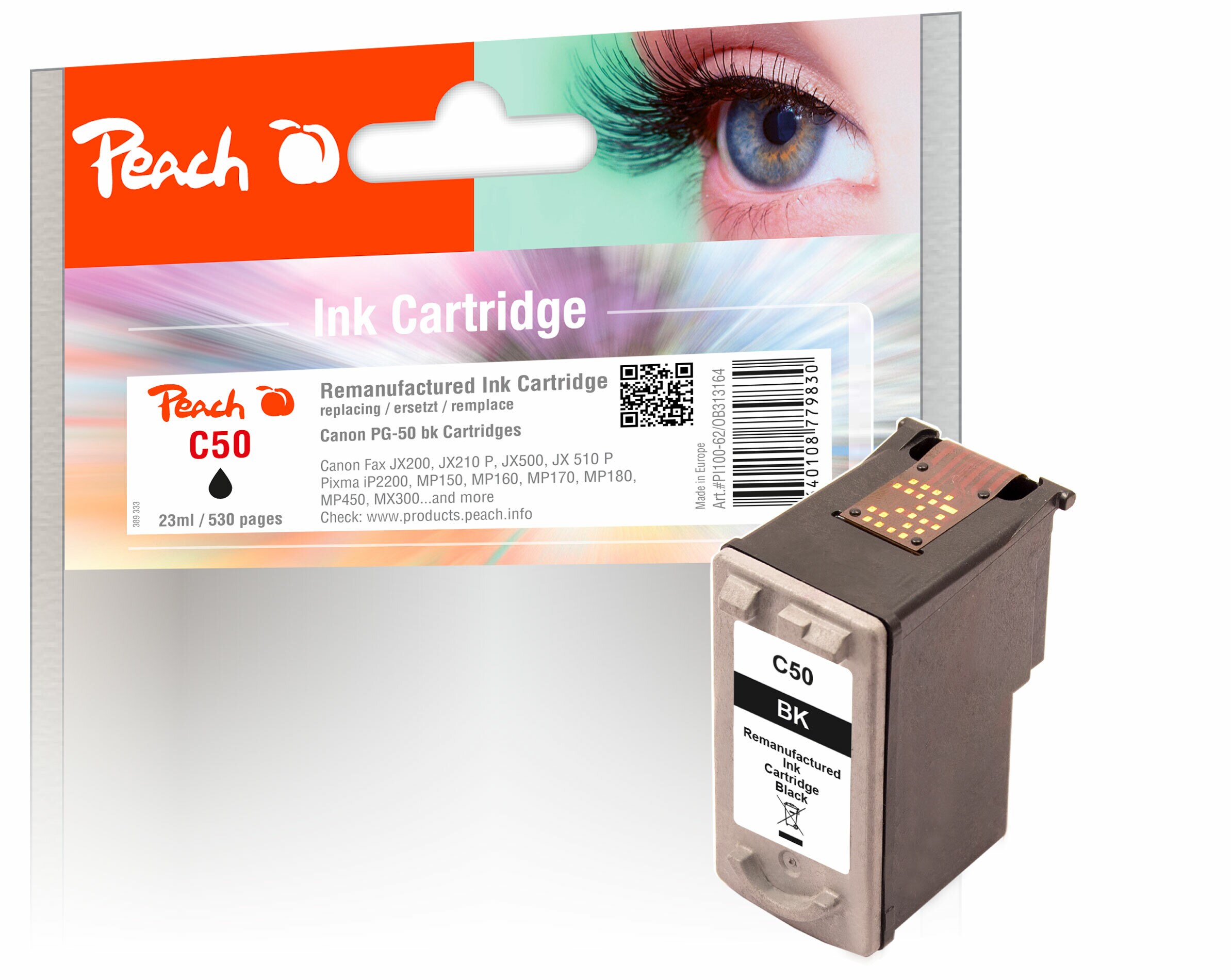 Peach C50 BK Druckkopf XL bk ersetzt Canon PG-50BK, 0616B001 f&uuml;r z.B. Canon Fax JX 200, Canon Fax JX 210 P, Canon Fax JX 500, Canon Fax JX 510 P (wiederaufbereitet) - Bild 1