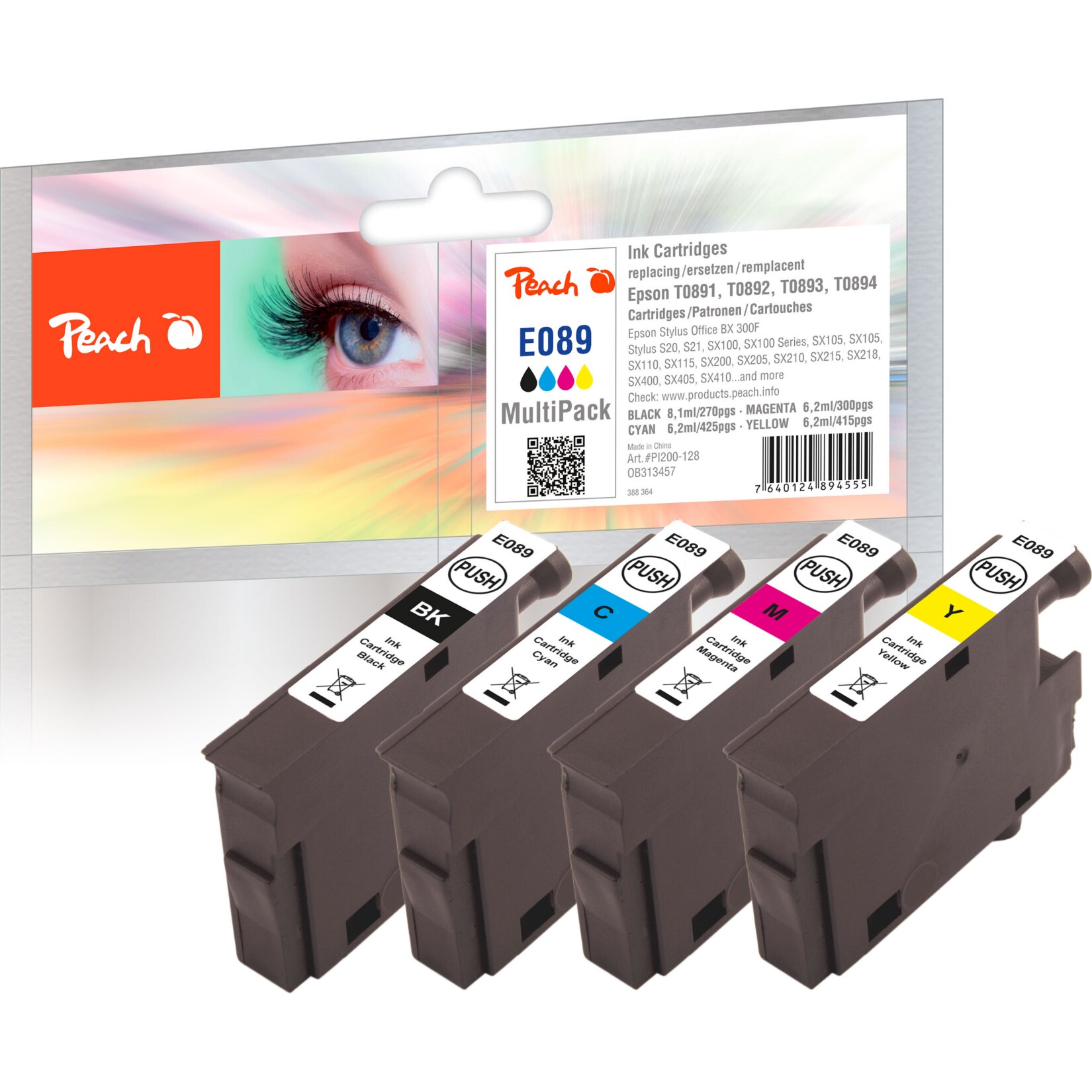 Peach E895  4 Druckerpatronen (bk, c/m/y) ersetzt Epson T0895, C13T08954010 f&uuml;r z.B. Epson Stylus SX 218, Epson Stylus Office BX 300 F - Bild 1