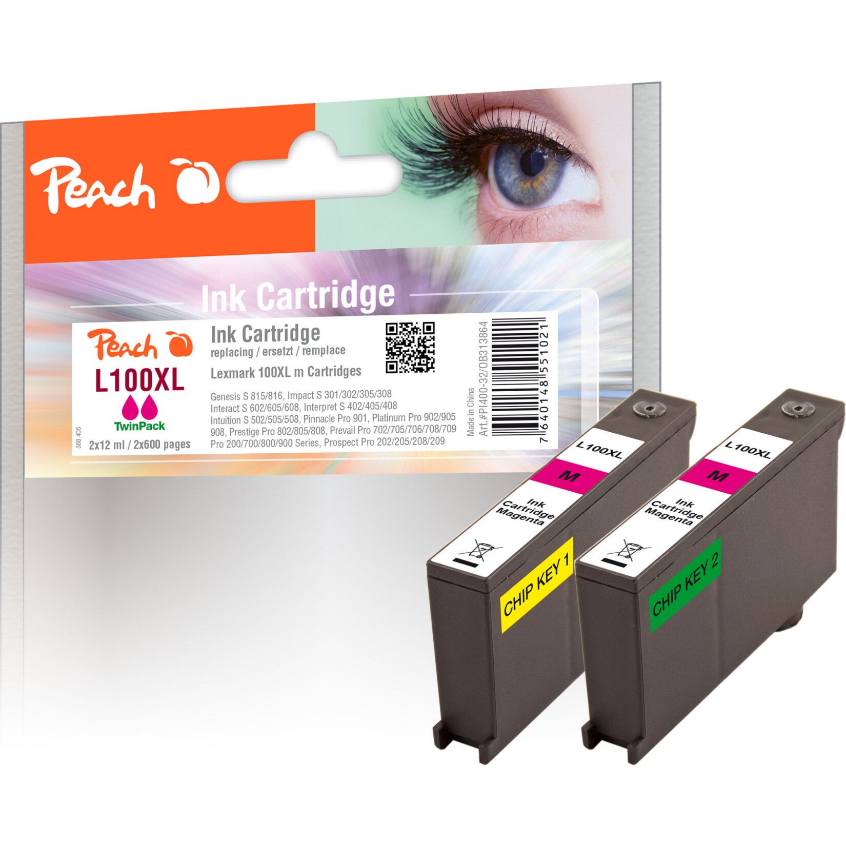 Peach L100 XLM Doppelpack 2 Druckerpatronen XL 2*ma ersetzt Lexmark No. 100XLM*2, 14N1070E, 14N1094 f&uuml;r z.B. Lexmark Genesis S 810, Lexmark Pro 200 (wiederaufbereitet) - Bild 1