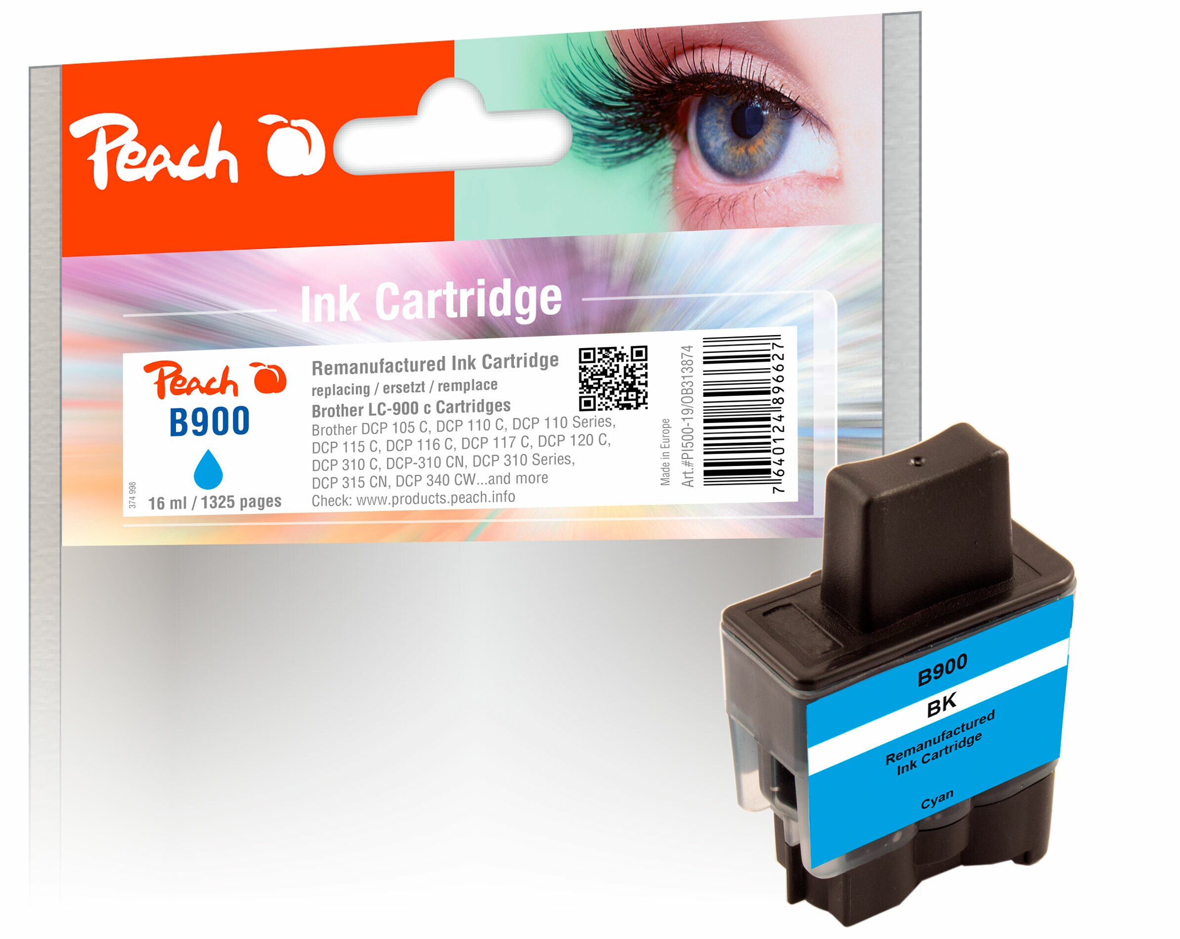 Peach B900 C Druckerpatrone cy ersetzt Brother LC-900C f&uuml;r z.B. Brother DCP -105 C, Brother DCP -110 C, Brother DCP -110, Brother DCP -115 C (wiederaufbereitet) - Bild 1