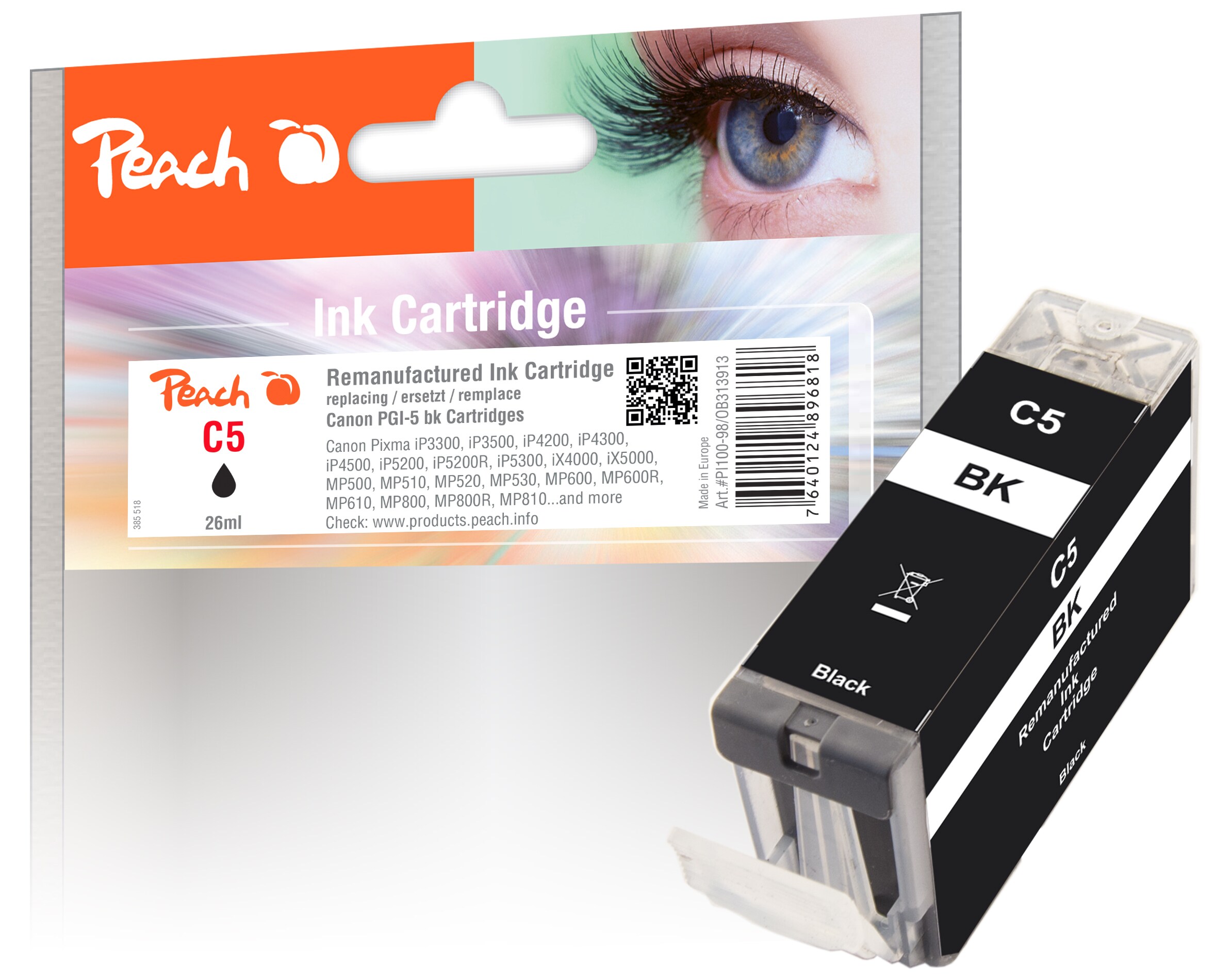 Peach Tintenpatrone schwarz kompatibel zu Canon PGI-5BK, 0628B001, 0628B029 (wiederaufbereitet) - Bild 1
