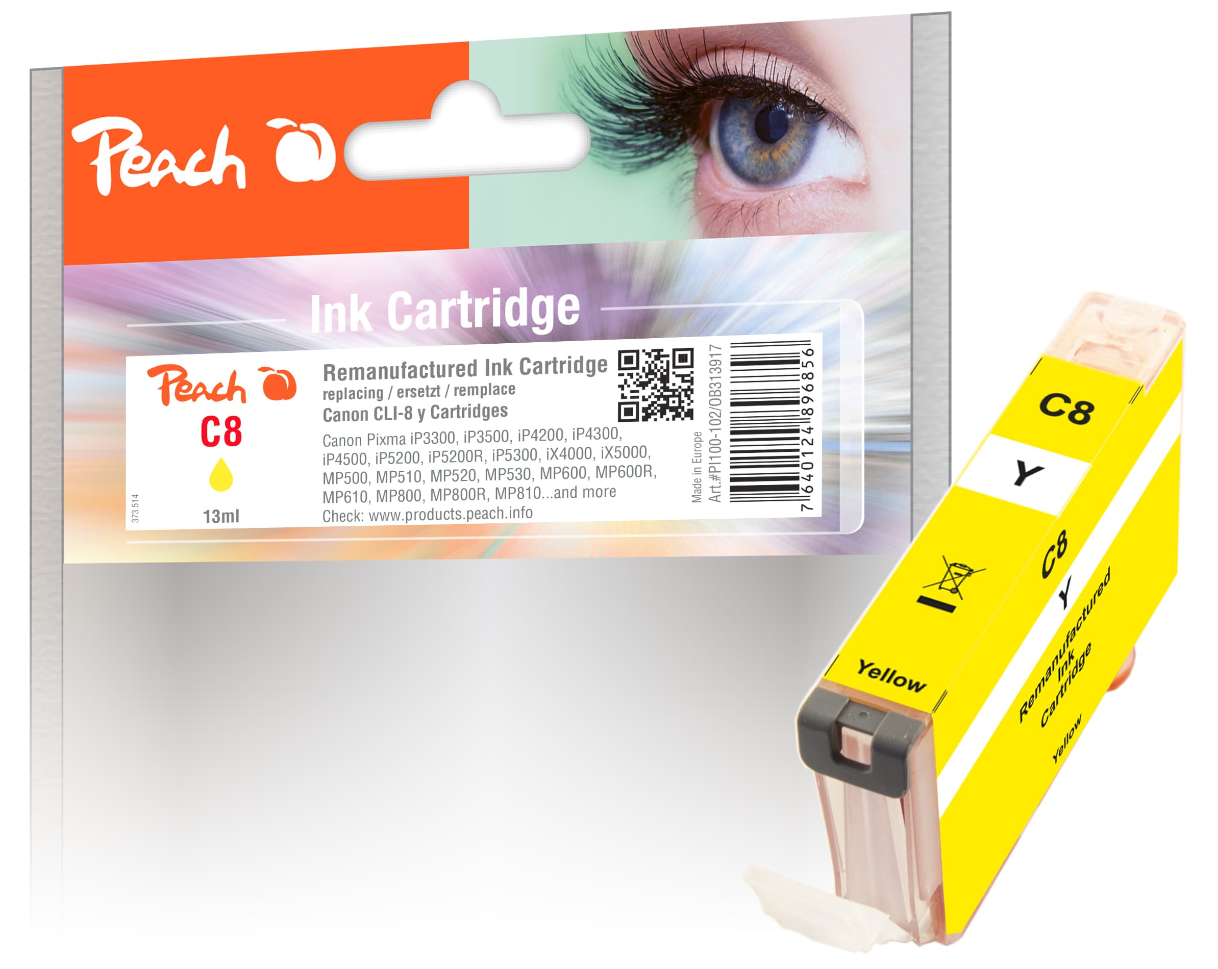 Peach C8 Y Druckerpatrone XL ye ersetzt Canon CLI-8Y, 0623B001, 0623B026 f&uuml;r z.B. Canon Pixma Pro 9000 Mark II, Canon Pixma IP 3300 (wiederaufbereitet) - Bild 1