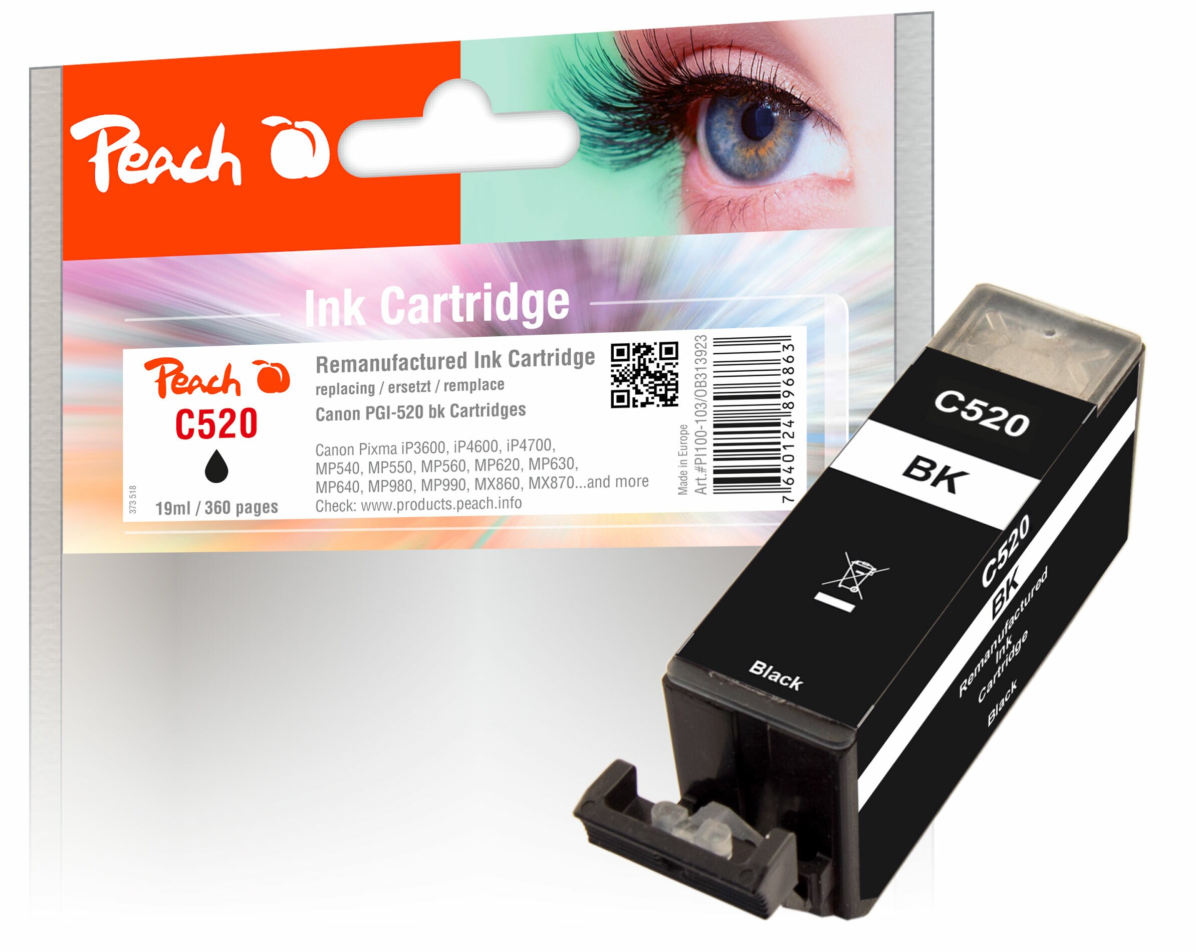 Peach C520 PGBK Druckerpatrone XL bk ersetzt Canon PGI-520PGBK, 2932B001 f&uuml;r z.B. Canon Pixma IP 3600, Canon Pixma IP 4600, Canon Pixma IP 4600 X (wiederaufbereitet) - Bild 1