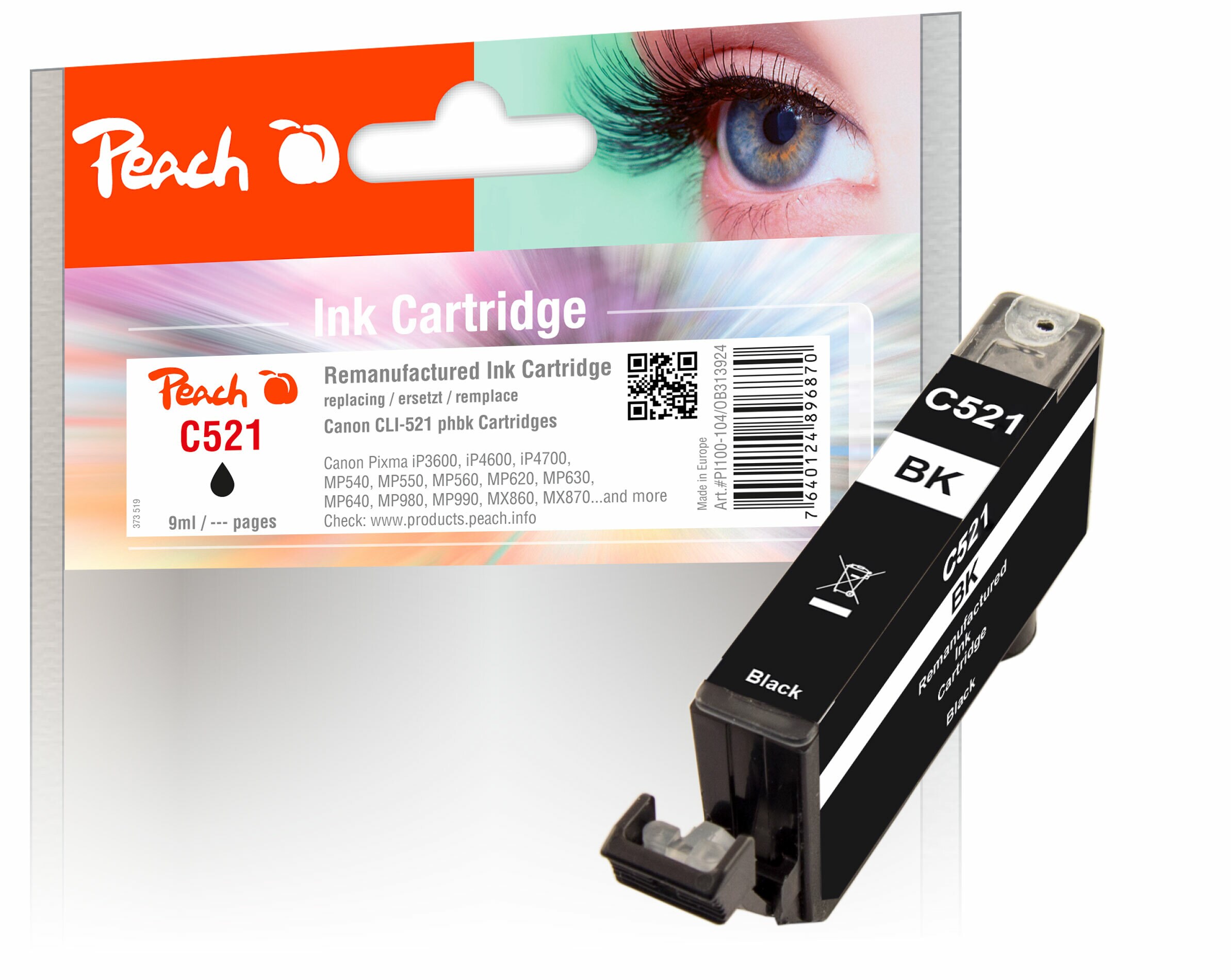 Peach C521 BK Druckerpatrone XL bkph ersetzt Canon CLI-521BK, 2933B001 f&uuml;r z.B. Canon Pixma MP 550, Canon Pixma IP 3600, Canon Pixma IP 4600 (wiederaufbereitet) - Bild 1