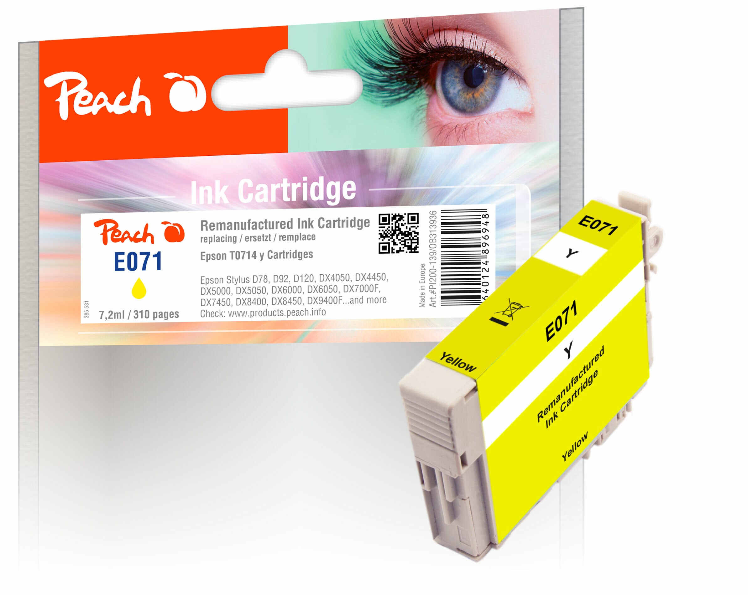 Peach E714 y Druckerpatrone XL ye ersetzt Epson T0714 y, C13T07144011 f&uuml;r z.B. Epson Stylus SX 218, Epson Stylus DX 8400, Epson Stylus D 120 (wiederaufbereitet) - Bild 1