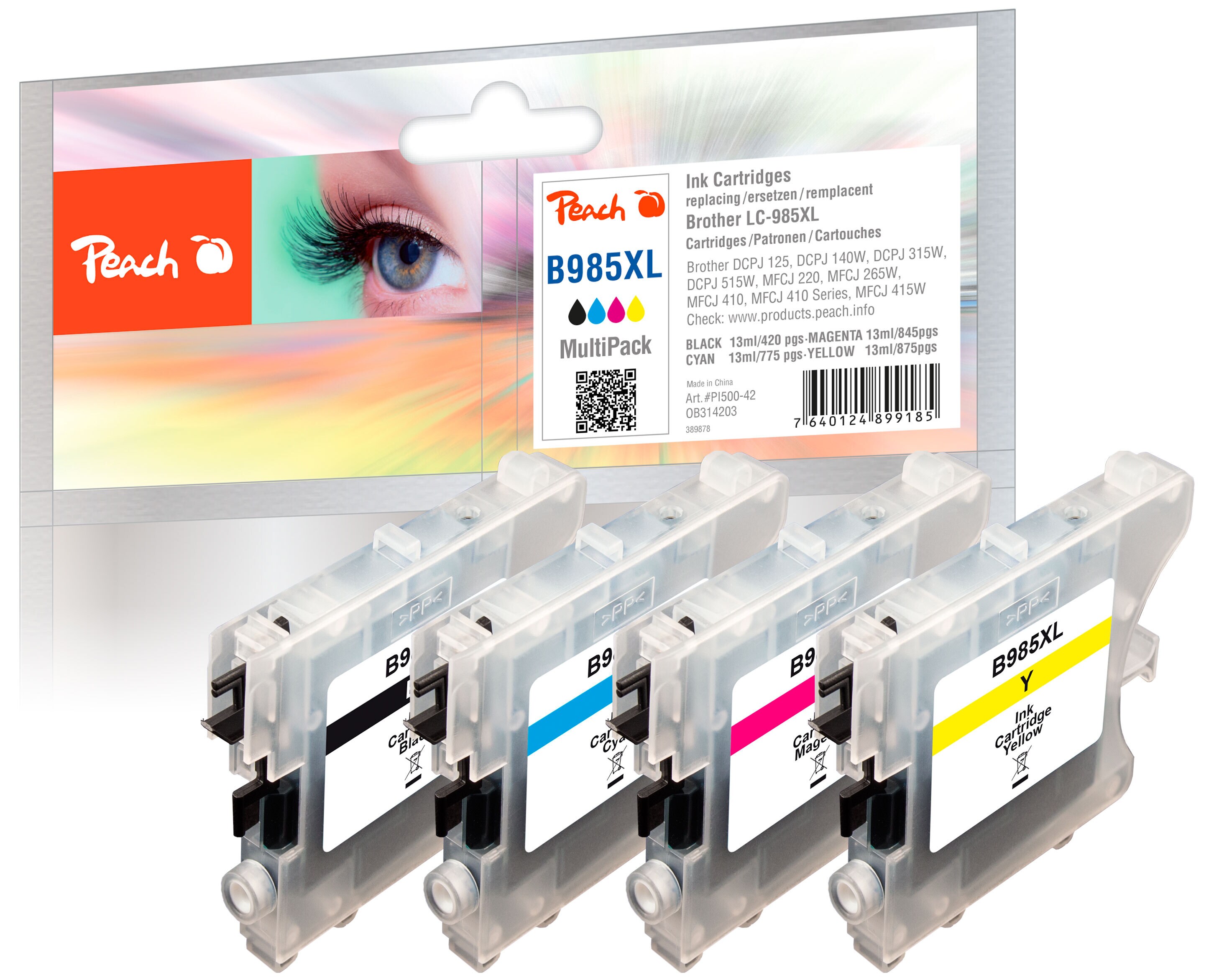 Peach B985  4 Druckerpatronen bk ersetzt Brother LC-985 f&uuml;r z.B. Brother DCPJ 315 W, Brother DCPJ 125, Brother DCPJ 140 W, Brother DCPJ 515 W - Bild 1