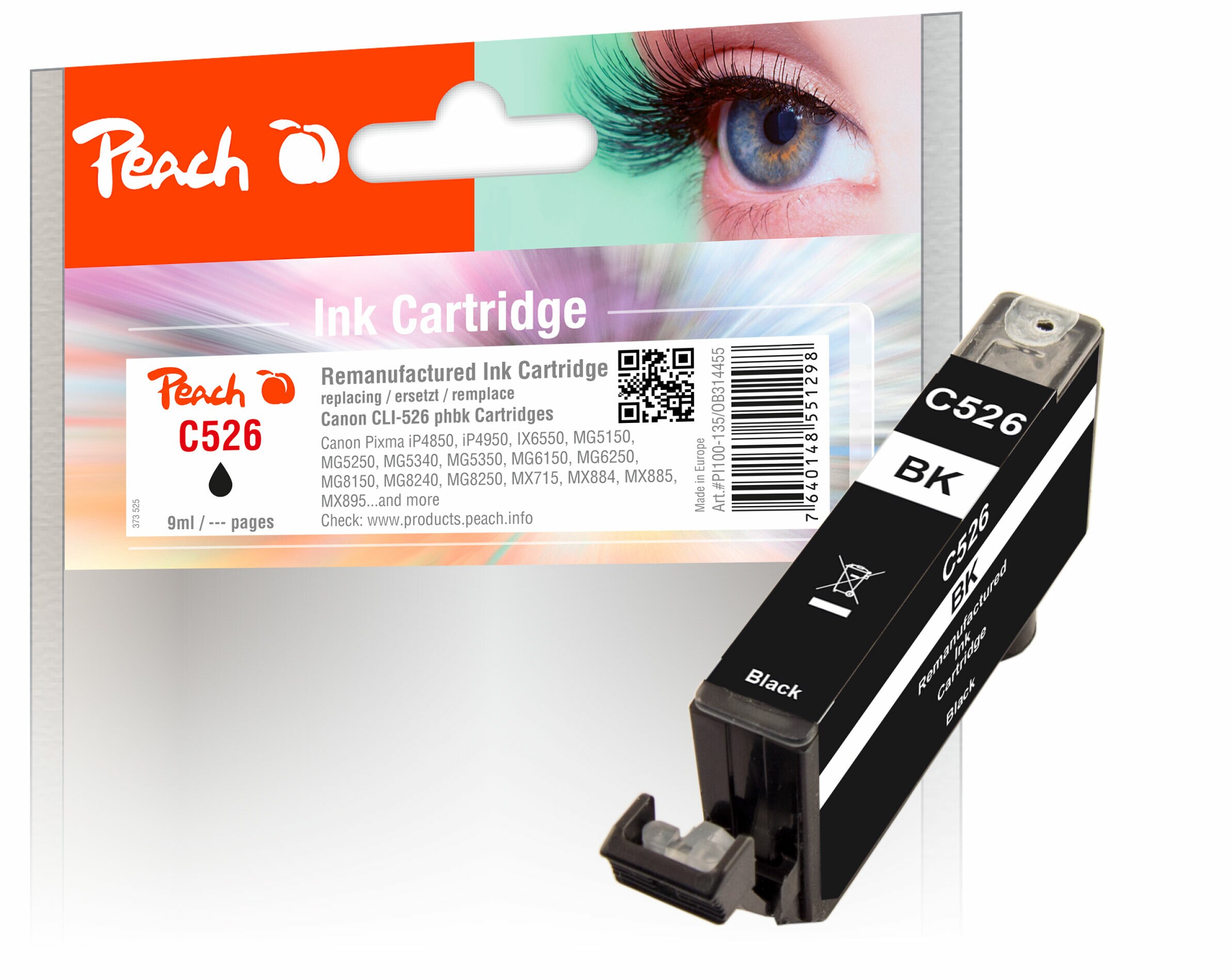 Peach C526 BK Druckerpatrone XL bkph ersetzt Canon CLI-526BK, 4540B001 f&uuml;r z.B. Canon Pixma MG 5350, Canon Pixma MG 6250, Canon Pixma IP 4850 (wiederaufbereitet) - Bild 1