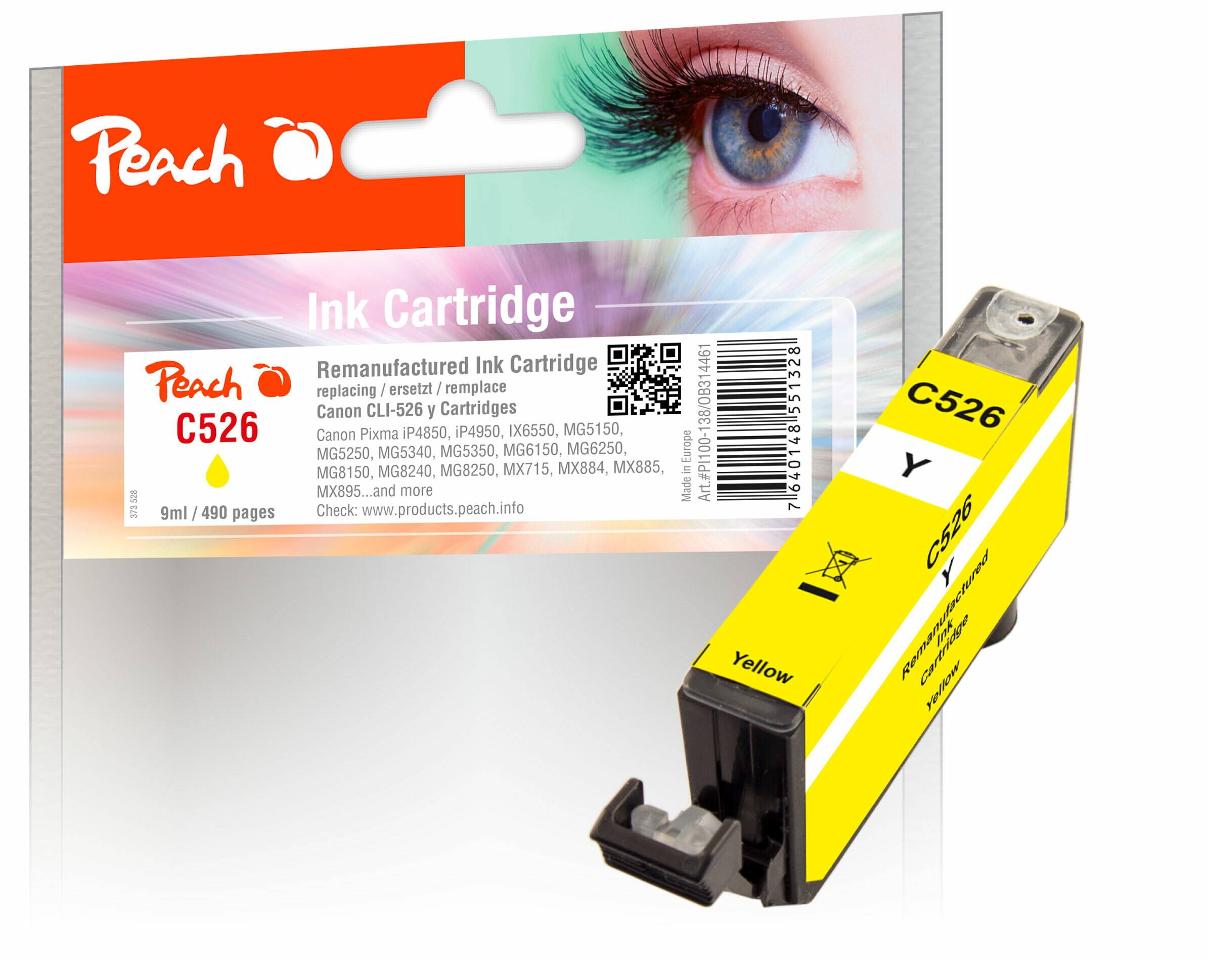 Peach C526 Y Druckerpatrone XL ye ersetzt Canon CLI-526Y, 4543B001, 4543B006 f&uuml;r z.B. Canon Pixma MG 5350, Canon Pixma MG 6250, Canon Pixma IP 4850 (wiederaufbereitet) - Bild 1