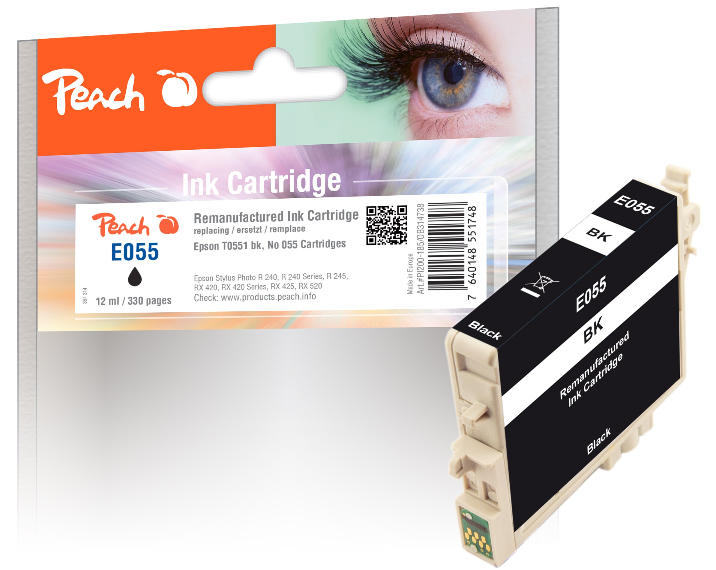Peach E551 bk Druckerpatrone bk ersetzt Epson T0551 bk, C13T05514010 f&uuml;r z.B. Epson Stylus Photo R 240, Epson Stylus Photo R 245 (wiederaufbereitet) - Bild 1