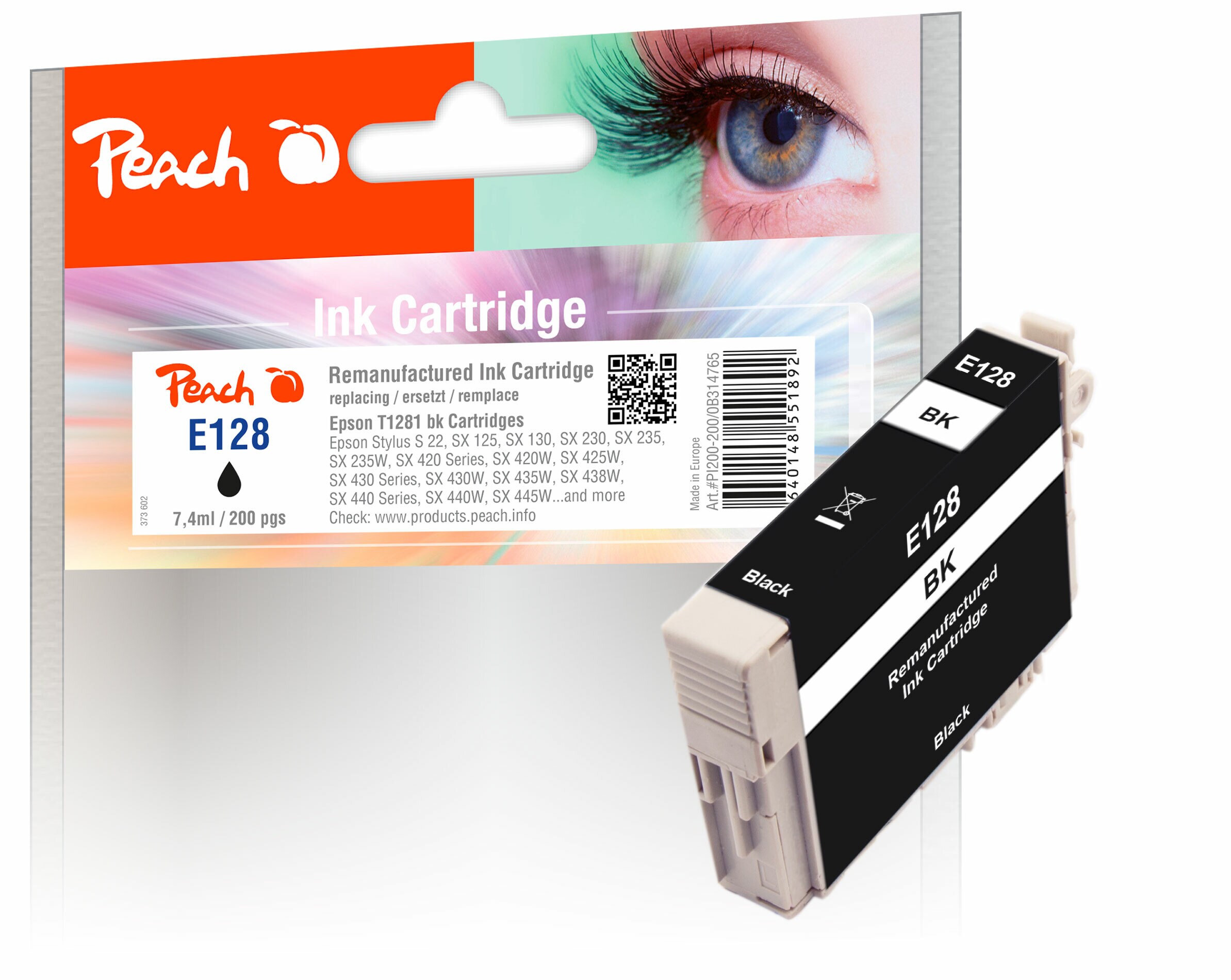 Peach E128  Druckerpatrone bk ersetzt Epson T1281 bk, C13T12814011 f&uuml;r z.B. Epson Stylus Office BX 305 F, Epson Stylus Office BX 305 FW (wiederaufbereitet) - Bild 1