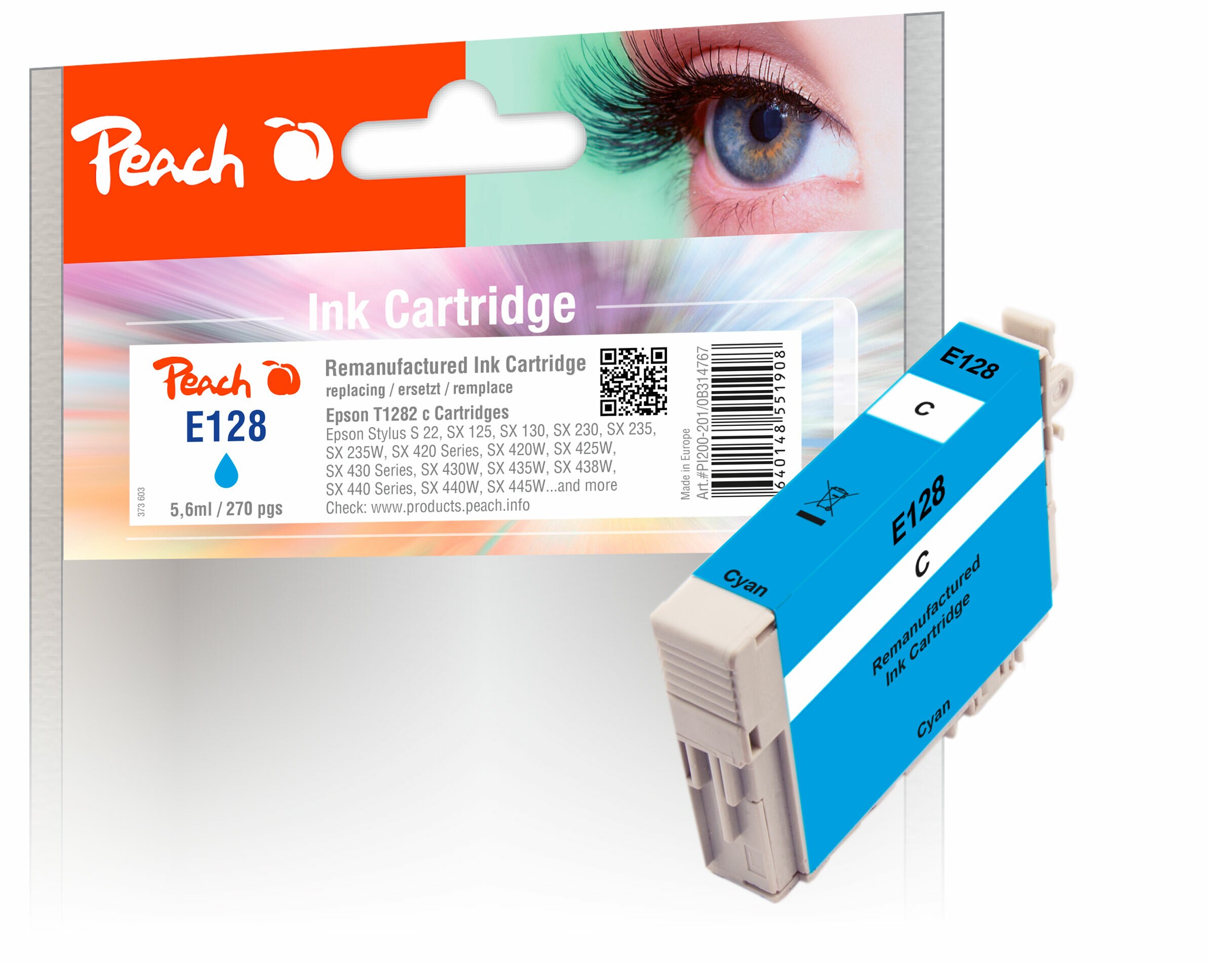 Peach E128  Druckerpatrone cy ersetzt Epson T1282 c, C13T12824011 f&uuml;r z.B. Epson Stylus Office BX 305 F, Epson Stylus Office BX 305 FW (wiederaufbereitet) - Bild 1