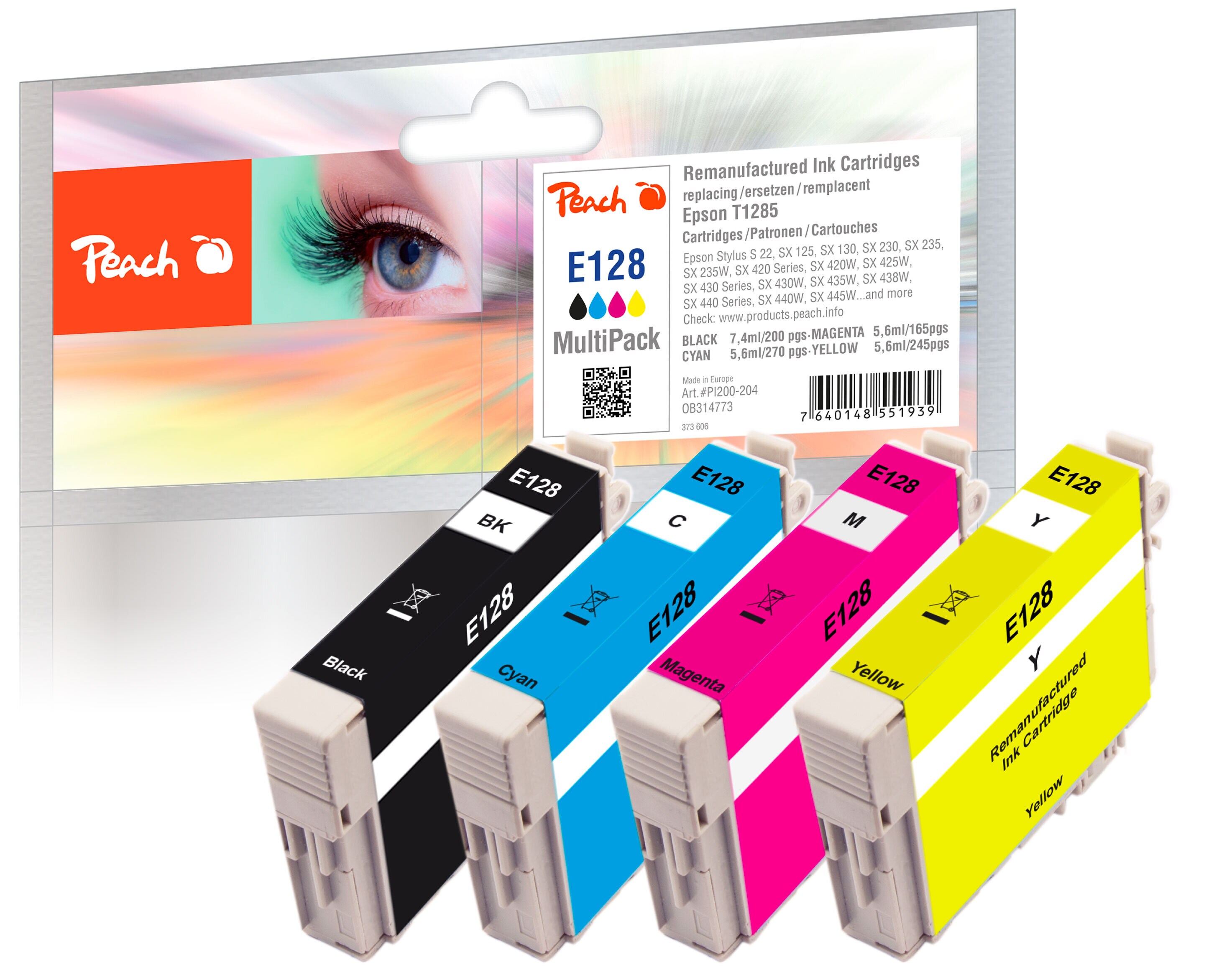 Peach E128  4 Druckerpatronen (bk, c/m/y) ersetzt Epson T1285, C13T12854010 f&uuml;r z.B. Epson Stylus Office BX 305 F, Epson Stylus Office BX 305 FW (wiederaufbereitet) - Bild 1