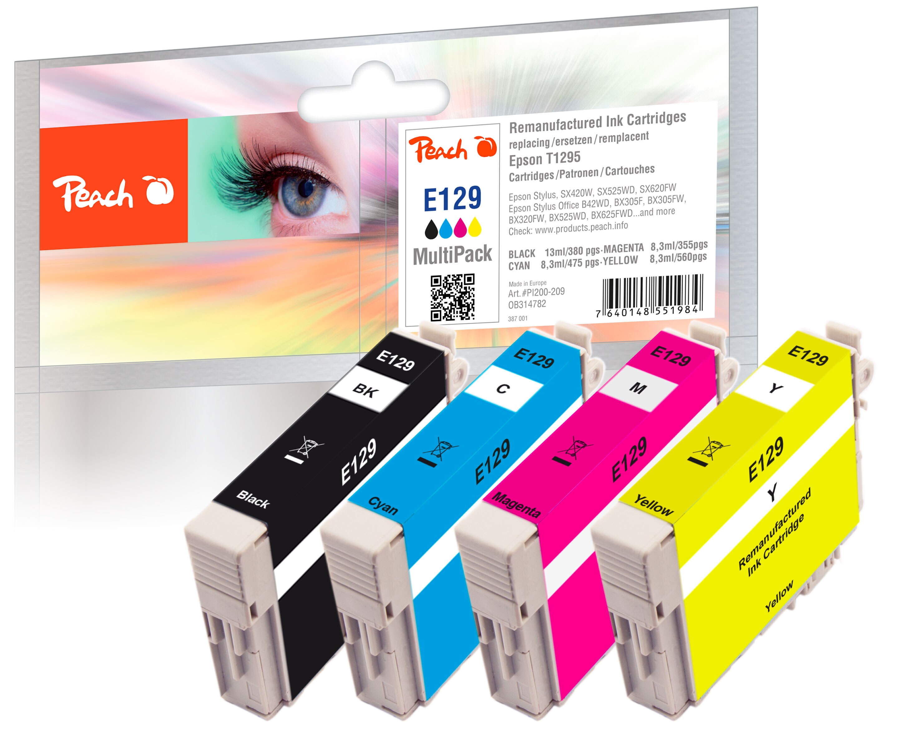 Peach E129  4 Druckerpatronen XL (bk, c/m/y) ersetzt Epson T1295, C13T12954010 f&uuml;r z.B. Epson Stylus Office BX 630, Epson Stylus Office B 42 WD (wiederaufbereitet) - Bild 1