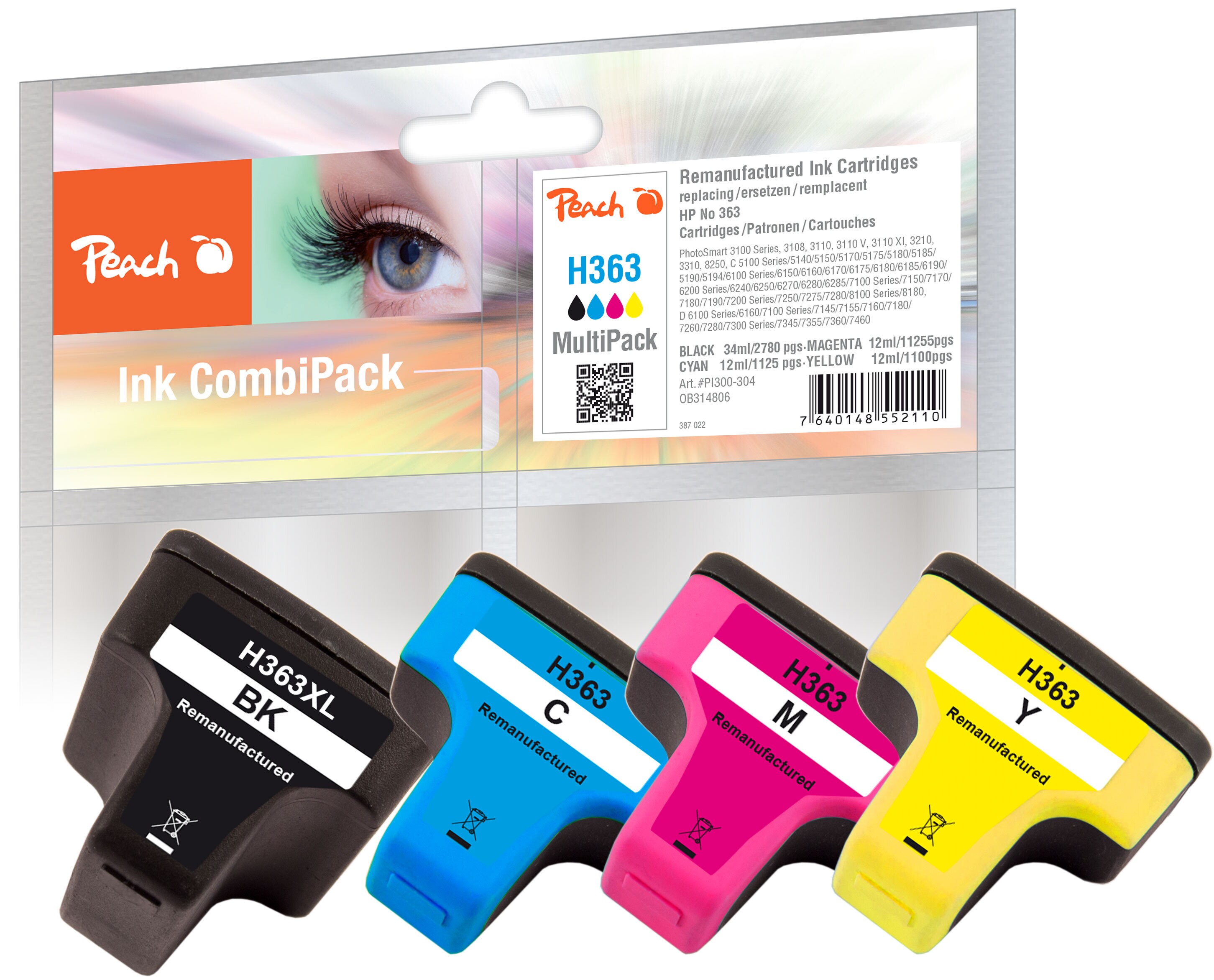 Peach HP 363 XL 4 Druckerpatronen XL (bk, c/m/y) ersetzt HP No. 363XL, C8721EE, C8771EE, C8772EE, C8773EE f&uuml;r z.B. HP PhotoSmart C 6280 (wiederaufbereitet) - Bild 1