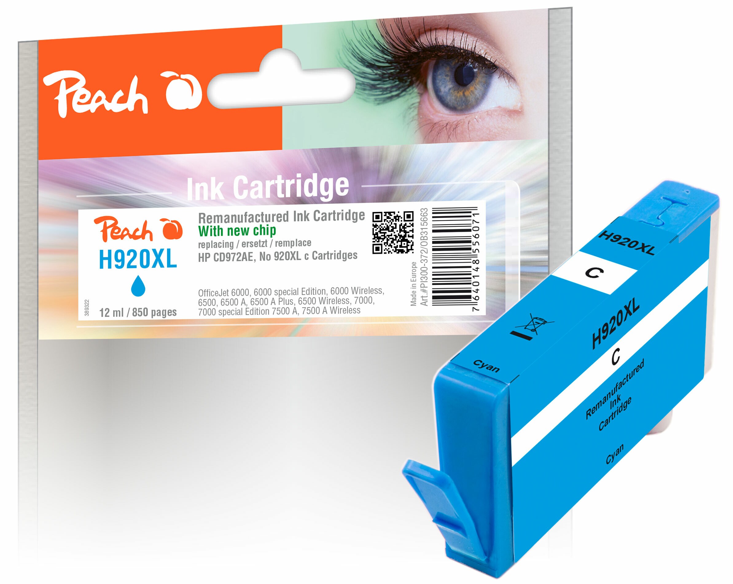 Peach HP 920 XLc Druckerpatrone XL cy ersetzt HP No. 920XL c, CD972AE f&uuml;r z.B. HP OfficeJet 6000, HP OfficeJet 6000 special Edition, HP OfficeJet 6500 (wiederaufbereitet) - Bild 1