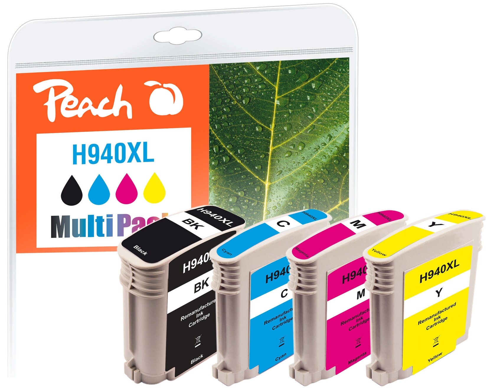 Peach HP 940 XL 4 Druckerpatronen XL (bk, c/m/y) ersetzt HP No. 940XL, C2N93AE für z.B. HP OfficeJet Pro 8000, HP OfficeJet Pro 8000 Enterprise (wiederaufbereitet)