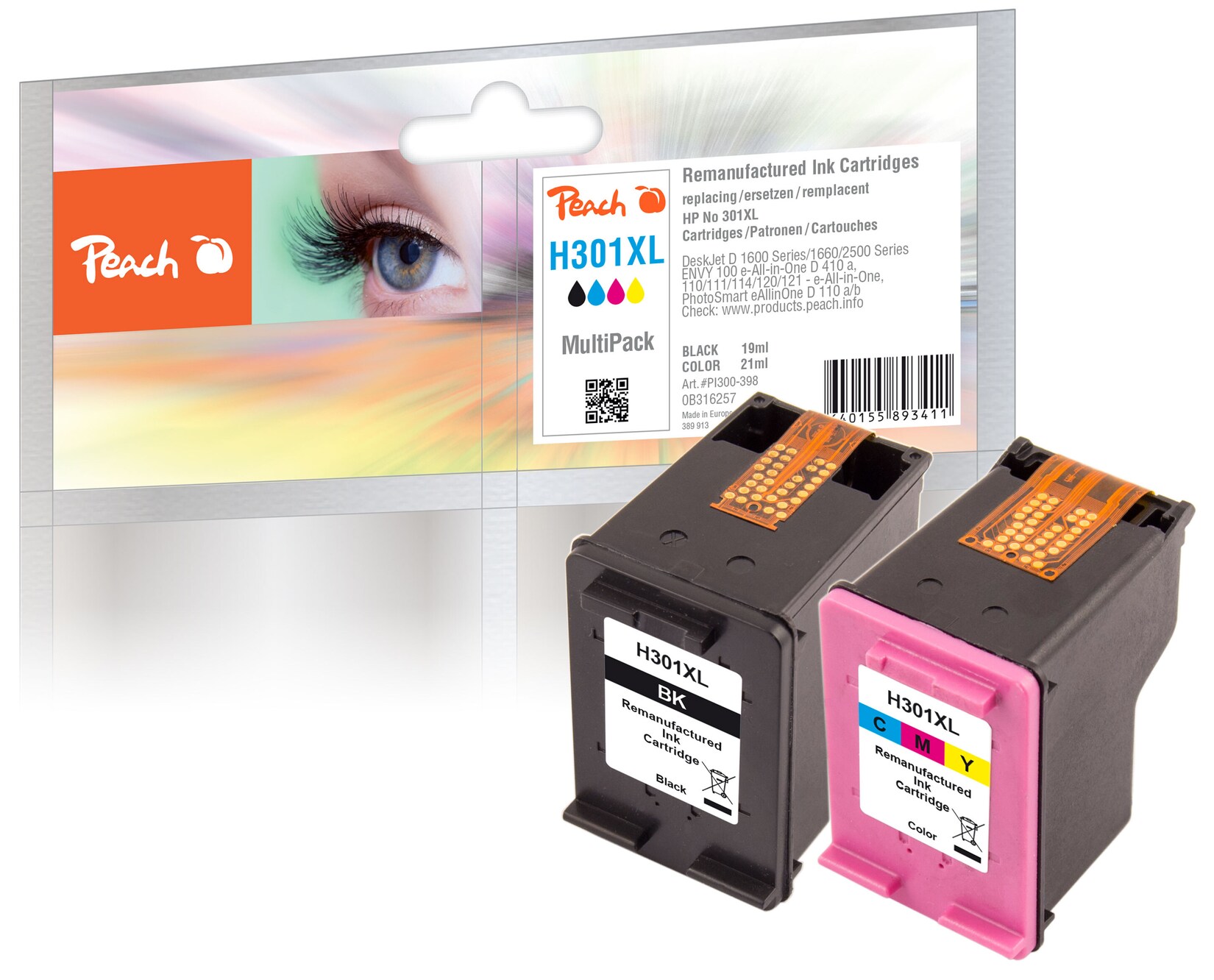 Peach HP 301 XL 2 Druckköpfe XL (bk, col) ersetzt HP No. 301XL, CH563EE, CH564EE für z.B. HP Envy 4502 e-All-in-One, HP DeskJet 1000, HP DeskJet 1010 (wiederaufbereitet)