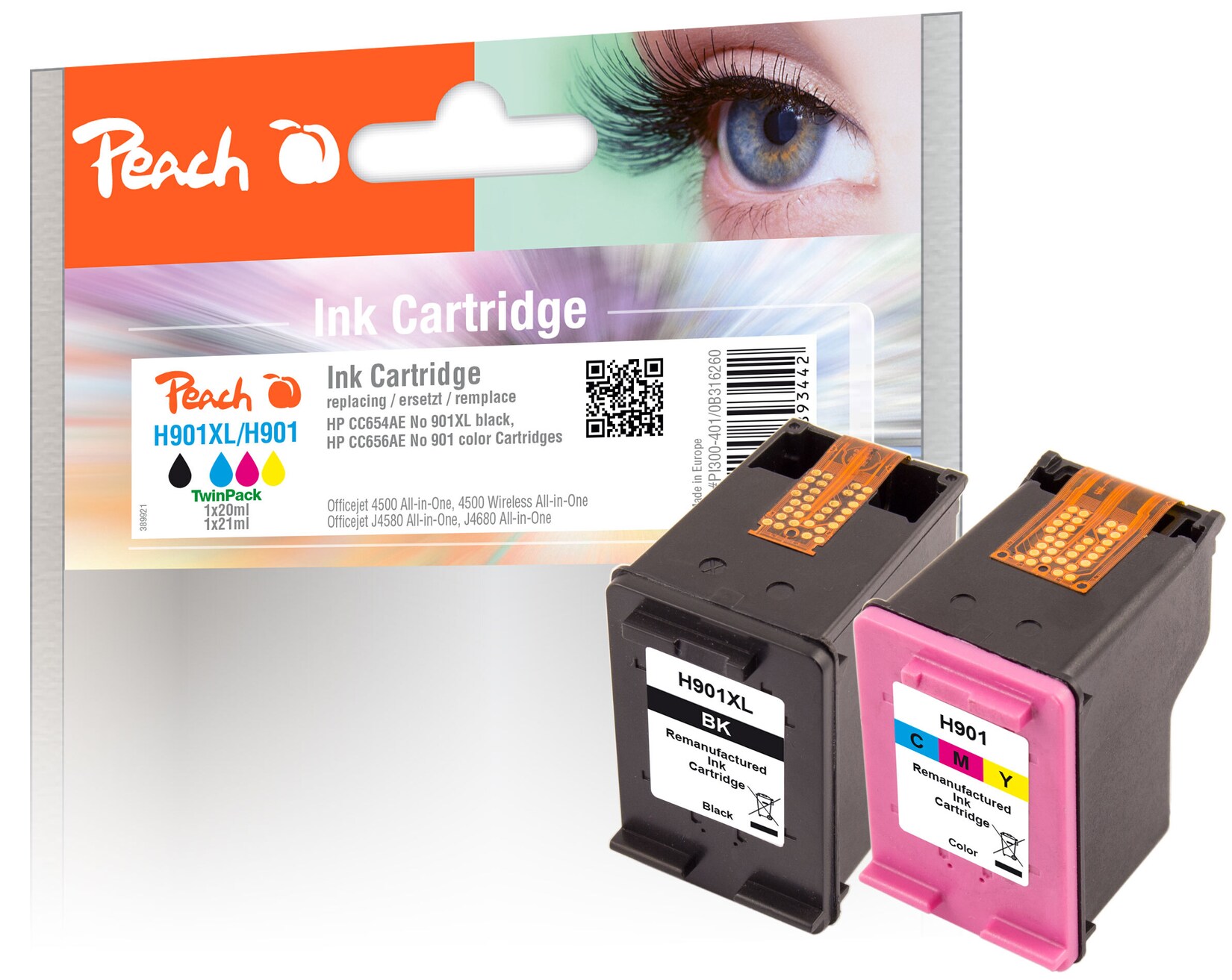 Peach HP 901 XL 2 Druckköpfe XL (bk, col) ersetzt HP No. 901XL, CC654AE, CC656AE für z.B. HP OfficeJet 4500, HP OfficeJet 4500 Wireless (wiederaufbereitet)
