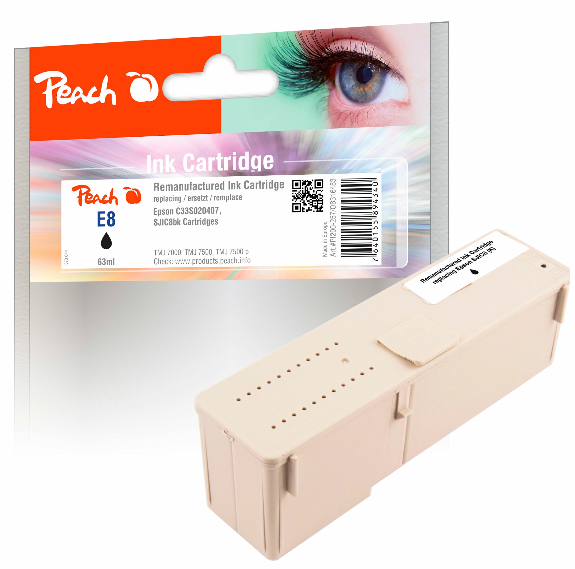Peach ESJIC8  Druckerpatrone bk ersetzt Epson SJIC8bk, C33S020407 f&uuml;r z.B. Epson TMJ 7000, Epson TMJ 7500, Epson TMJ 7500 p, Epson TMJ 9000 (wiederaufbereitet) - Bild 1