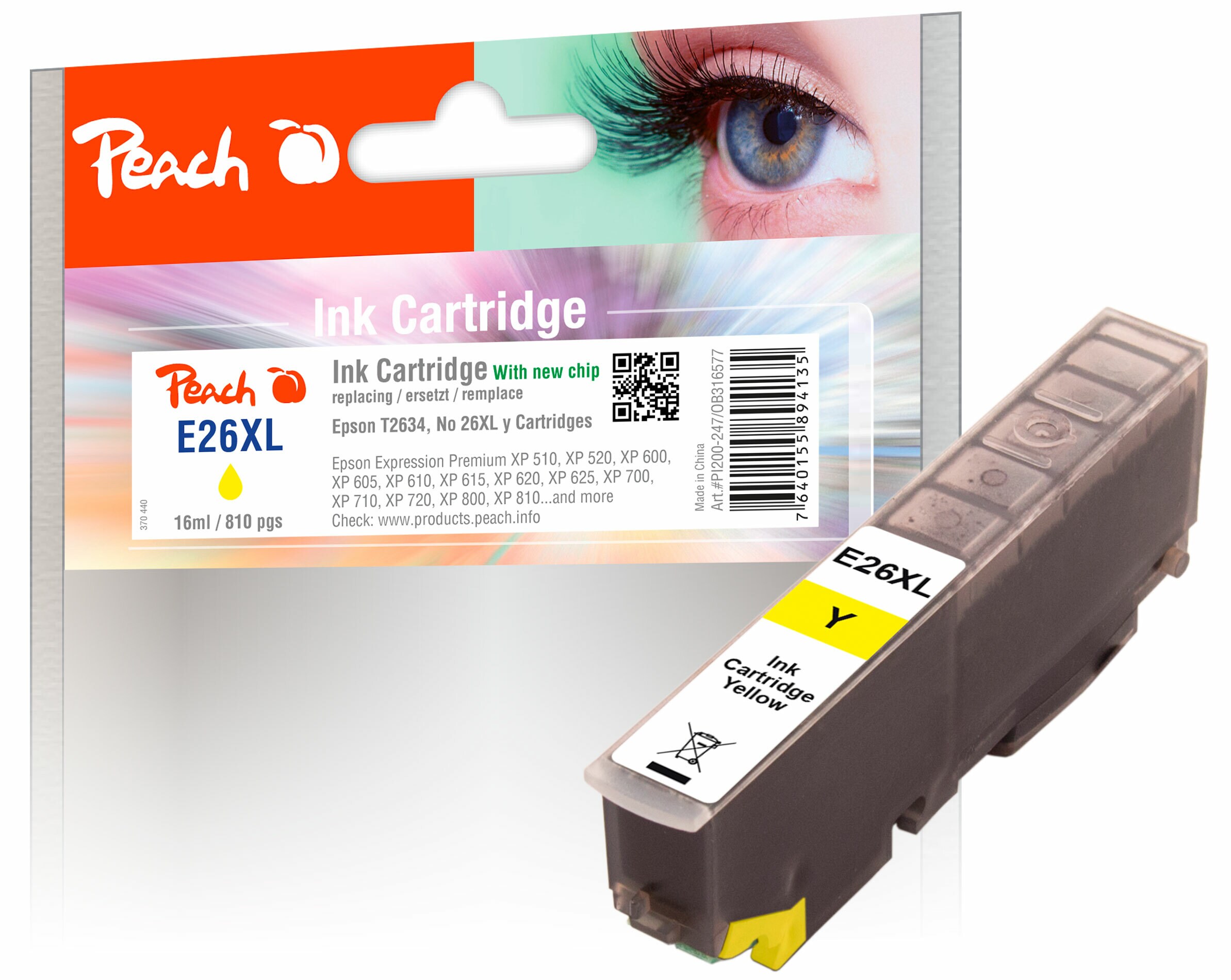 Peach E26 XLy Druckerpatrone XL ye ersetzt Epson No. 26XL y, C13T26344010 f&uuml;r z.B. Epson Expression Premium XP -510 - Bild 1