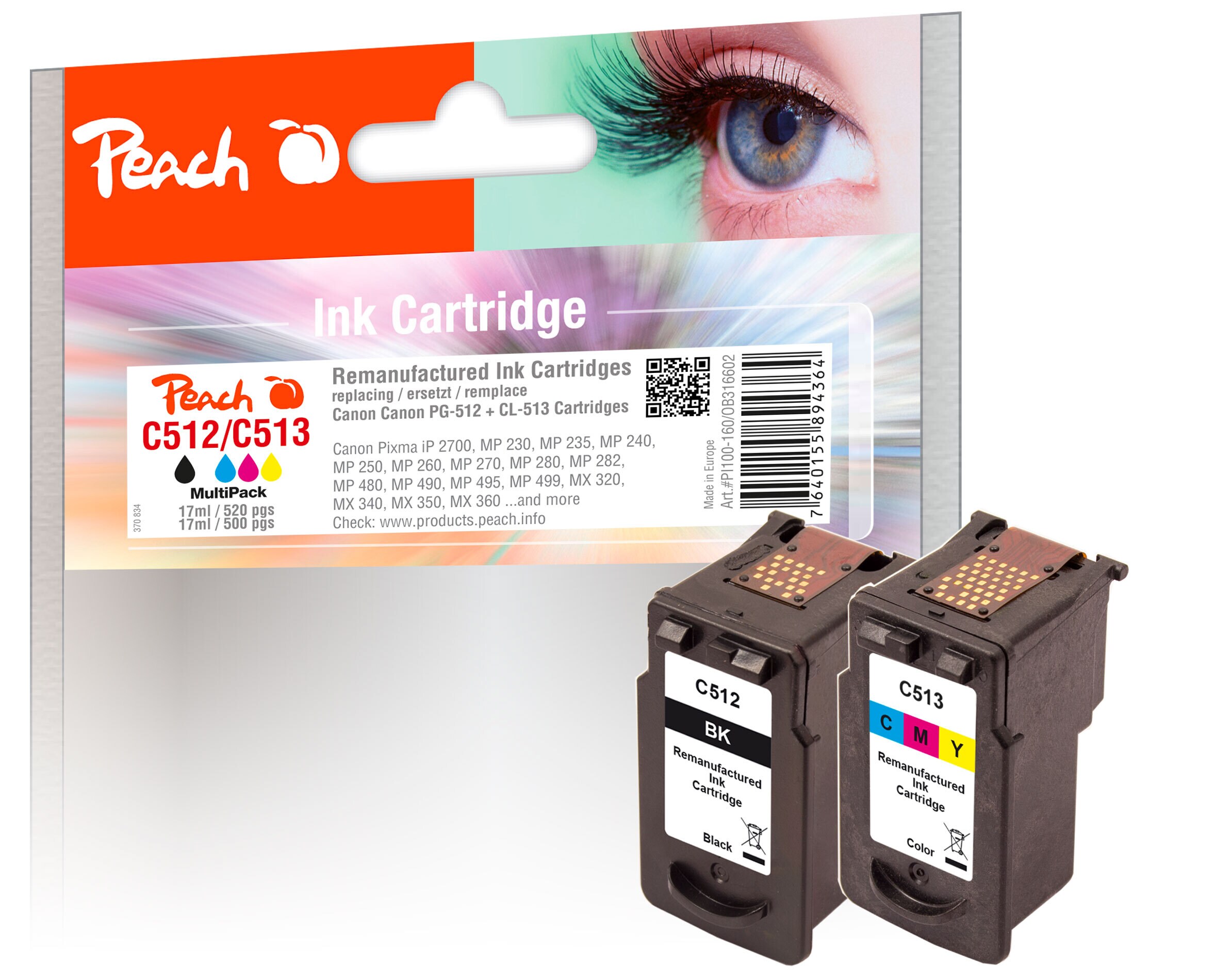 Peach C512 BK 2 Druckk&ouml;pfe XL (bk, col) ersetzt Canon PG-512BK, CL-513C, 2969B001, 2971B001 f&uuml;r z.B. Canon Pixma MP 250, Canon Pixma MX 320 (wiederaufbereitet) - Bild 1