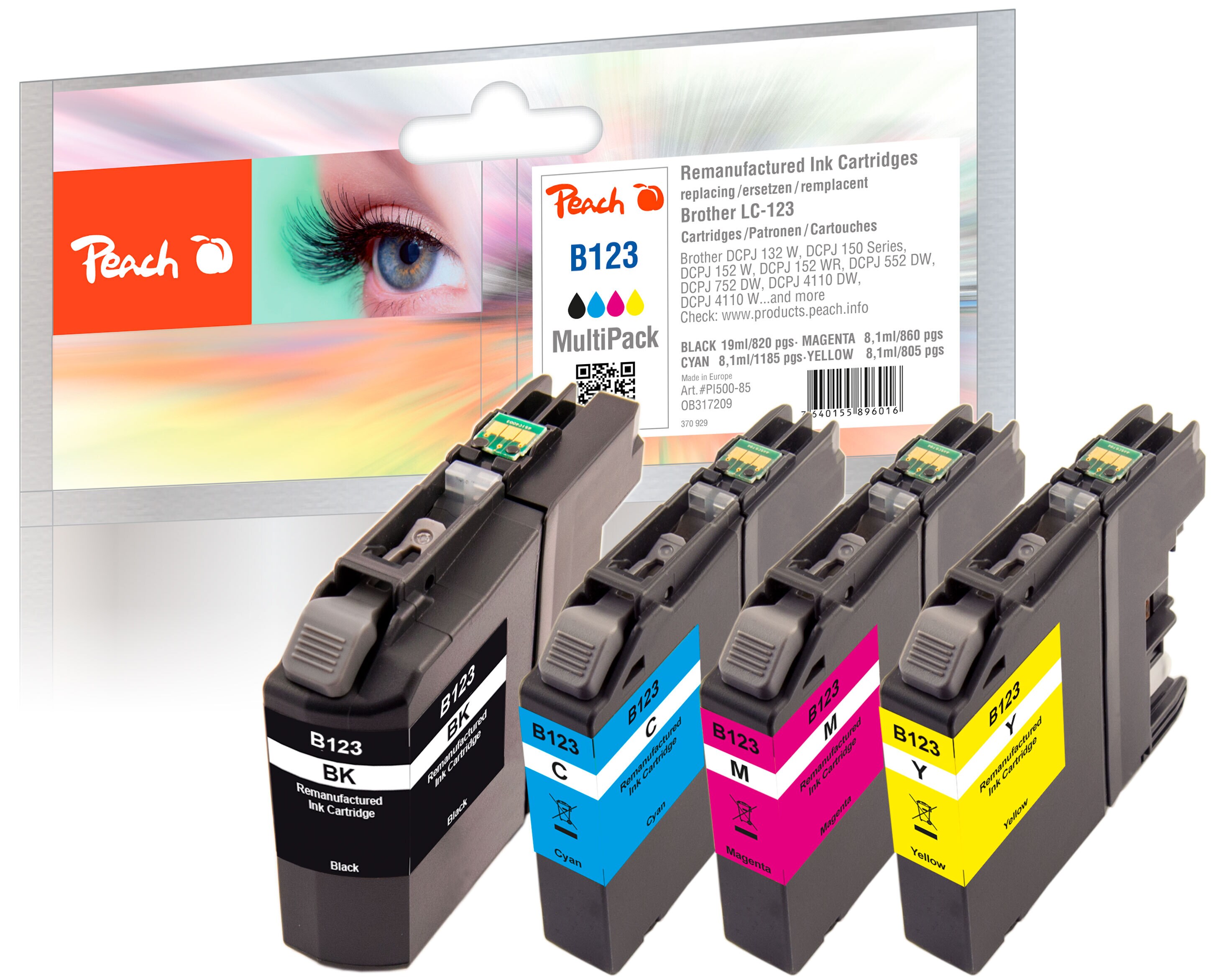 Peach B123 VALBP 4 Druckerpatronen XL (bk, c/m/y) ersetzt Brother LC-123VALBP f&uuml;r z.B. Brother DCPJ 552 DW, Brother DCPJ 752 DW, Brother MFCJ 4410 DW (wiederaufbereitet) - Bild 1