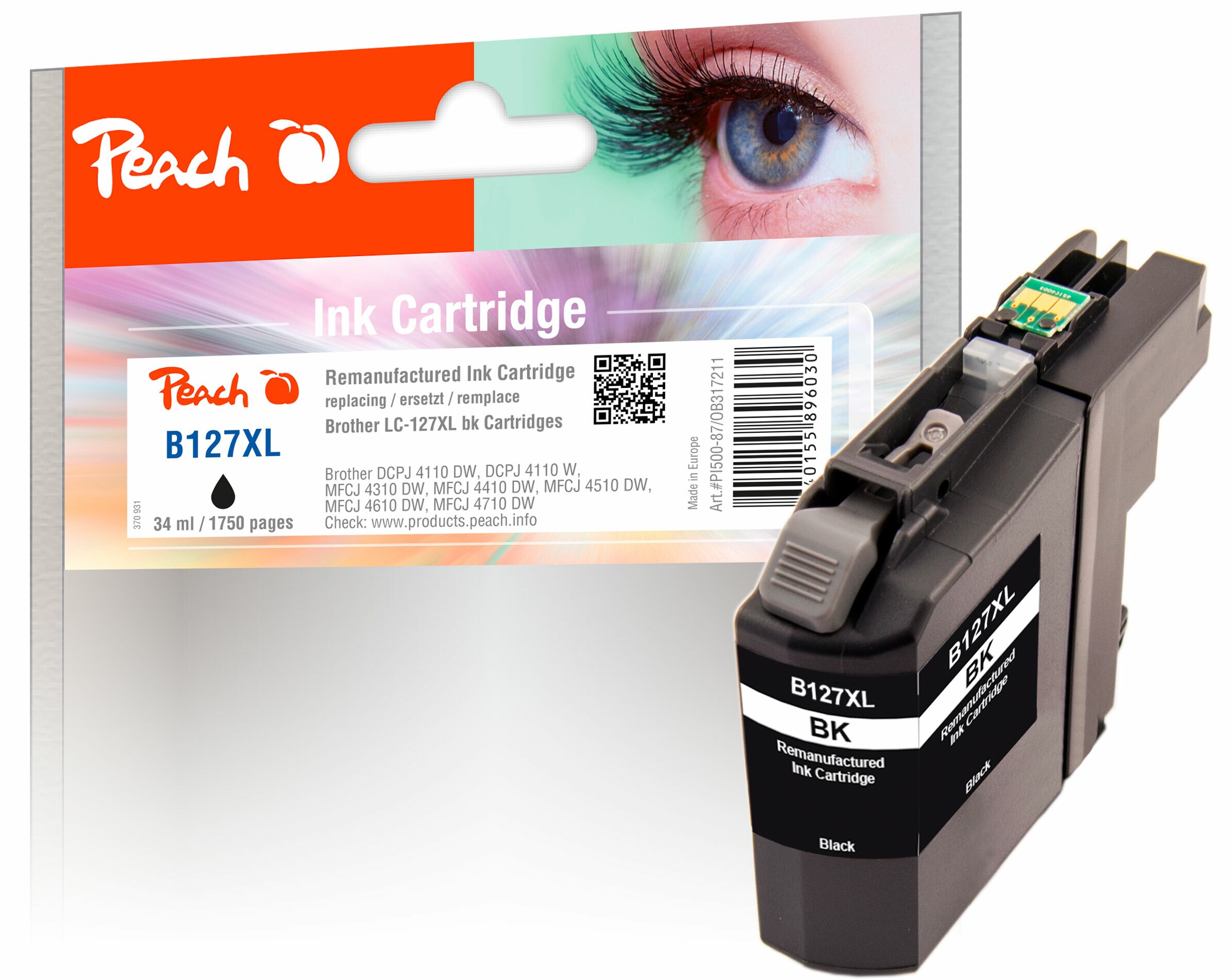 Peach B127 XLBK Druckerpatrone XL bk ersetzt Brother LC-127XLBK f&uuml;r z.B. Brother MFCJ 4410 DW, Brother DCPJ 4110 DW, Brother DCPJ 4110 W (wiederaufbereitet) - Bild 1