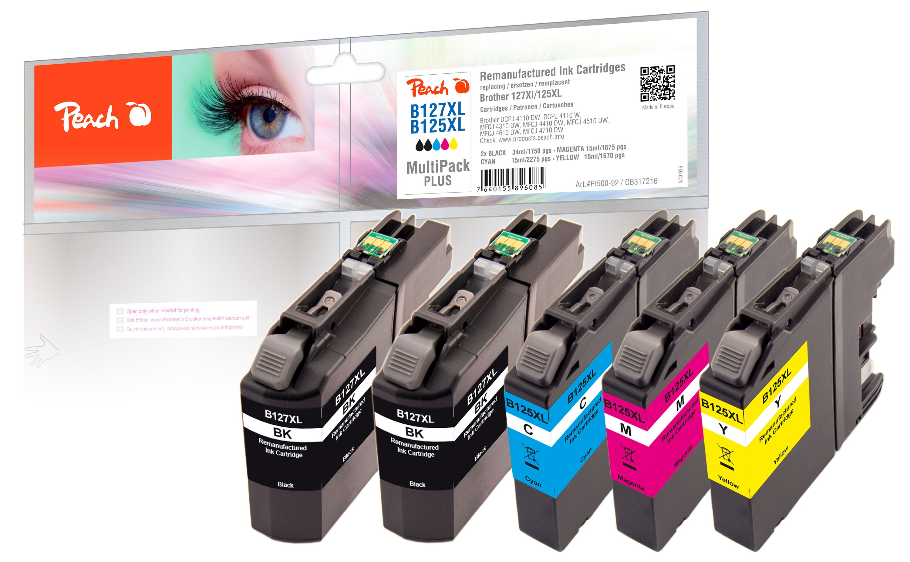 Peach B127 XLVALBP 5 Druckerpatronen XL (2*bk, c/m/y) ersetzt Brother LC-127XLVALBP f&uuml;r z.B. Brother MFCJ 4410 DW, Brother DCPJ 4110 DW (wiederaufbereitet) - Bild 1