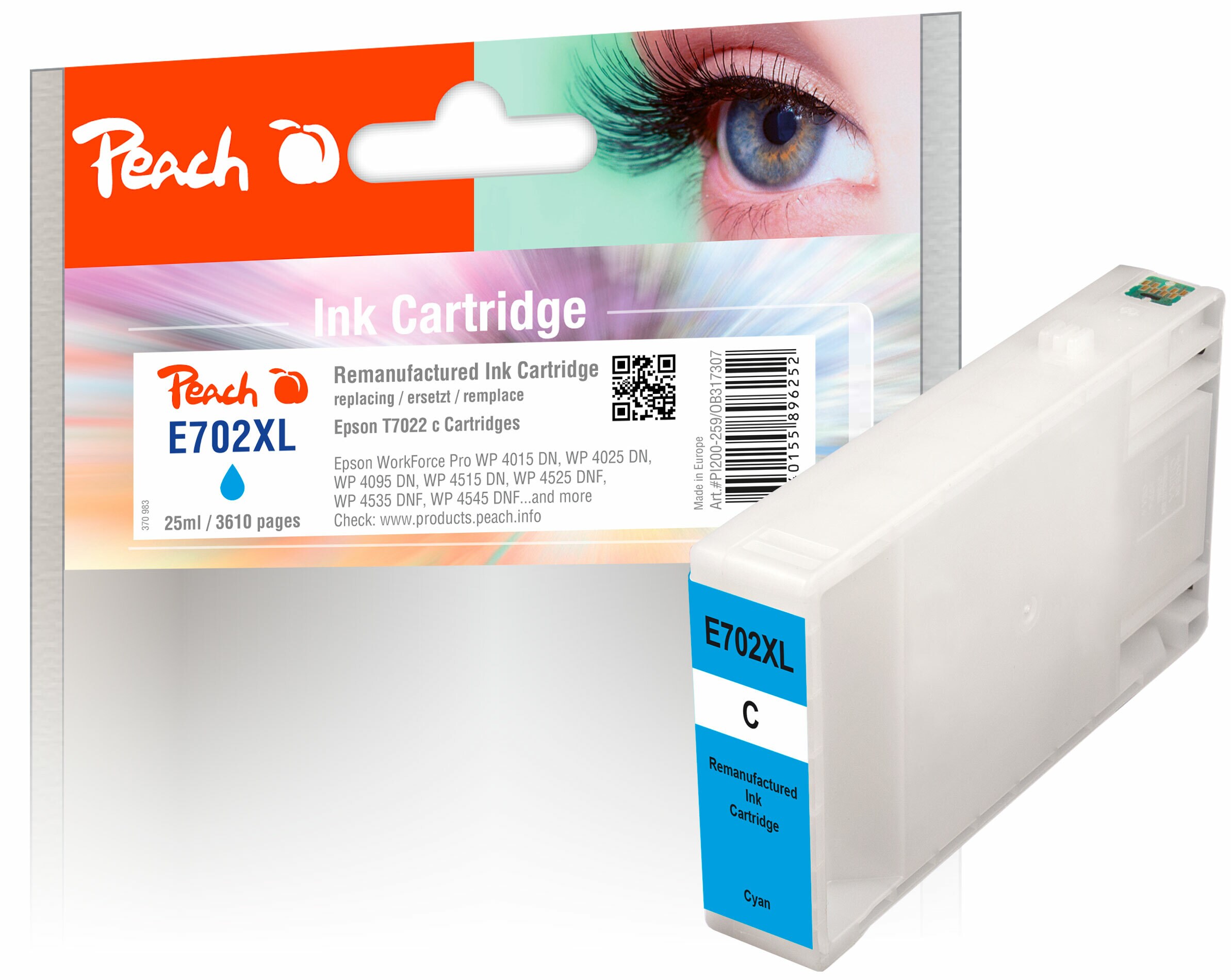 Peach E70  Druckerpatrone XL cy ersetzt Epson T7022 c, C13T70224010 f&uuml;r z.B. Epson WorkForce Pro WP -4015 DN, Epson WorkForce Pro WP -4025 DW (wiederaufbereitet) - Bild 1