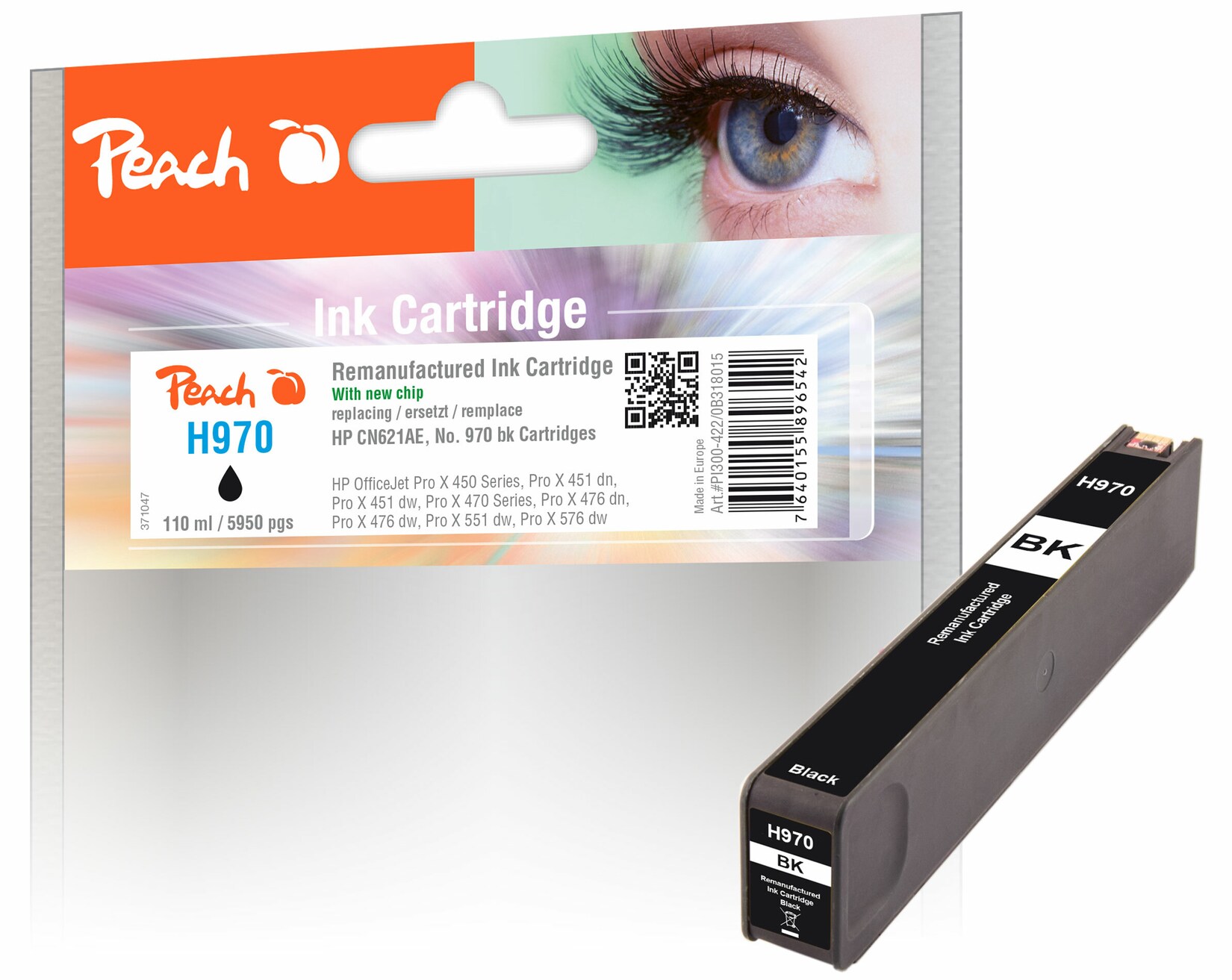 Peach HP 970 bk Druckerpatrone bk ersetzt HP No. 970 bk, CN621A für z.B. HP OfficeJet Pro X 450, HP OfficeJet Pro X 451 dn, HP OfficeJet Pro X 451 dw (wiederaufbereitet)