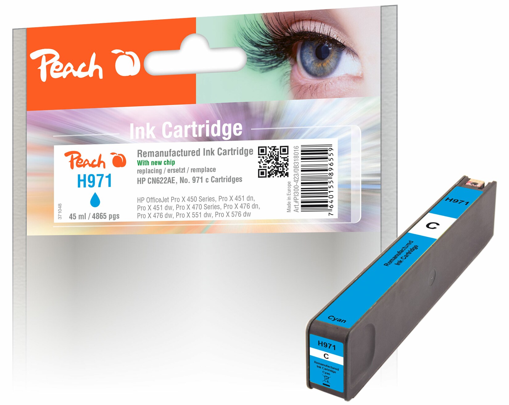 Peach HP 971 c Druckerpatrone cy ersetzt HP No. 971 c, CN622A für z.B. HP OfficeJet Pro X 450, HP OfficeJet Pro X 451 dn, HP OfficeJet Pro X 451 dw (wiederaufbereitet)