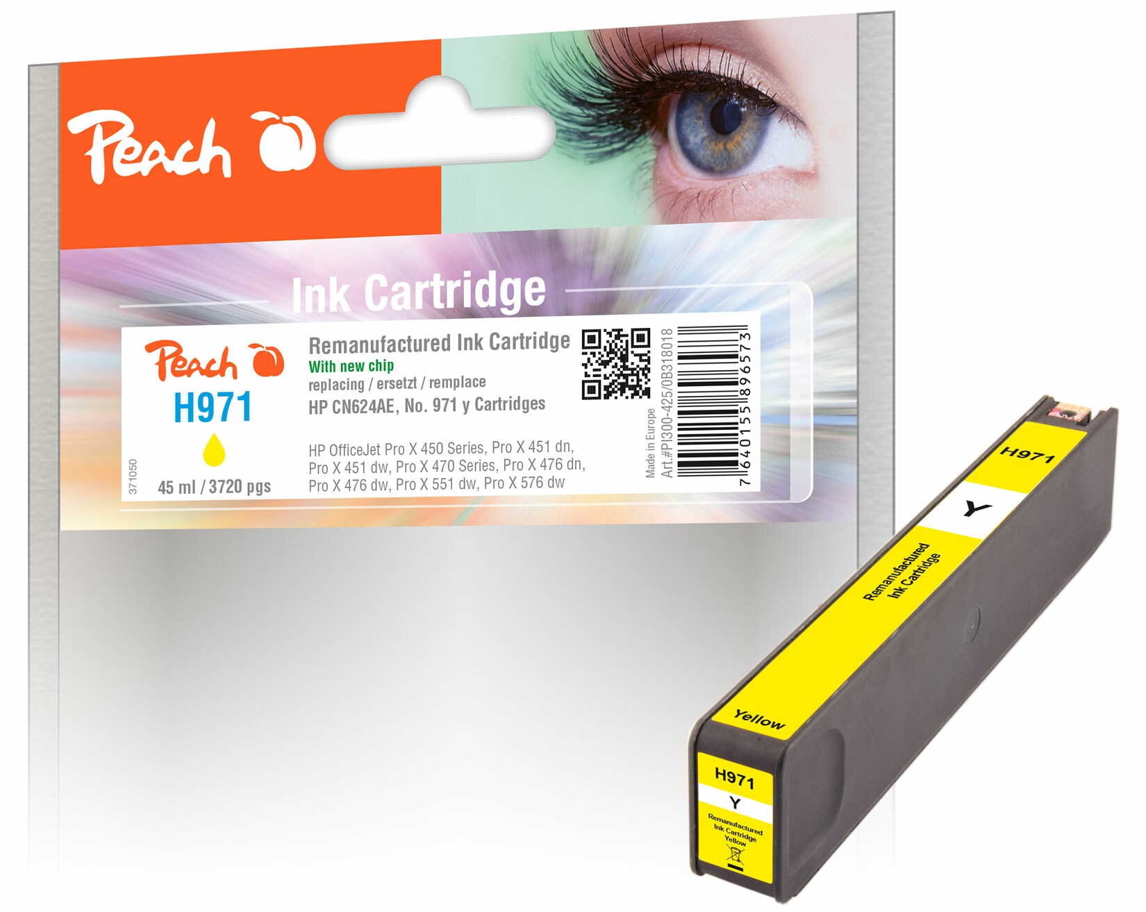 Peach HP 971 y Druckerpatrone ye ersetzt HP No. 971 y, CN624A für z.B. HP OfficeJet Pro X 450, HP OfficeJet Pro X 451 dn, HP OfficeJet Pro X 451 dw (wiederaufbereitet)