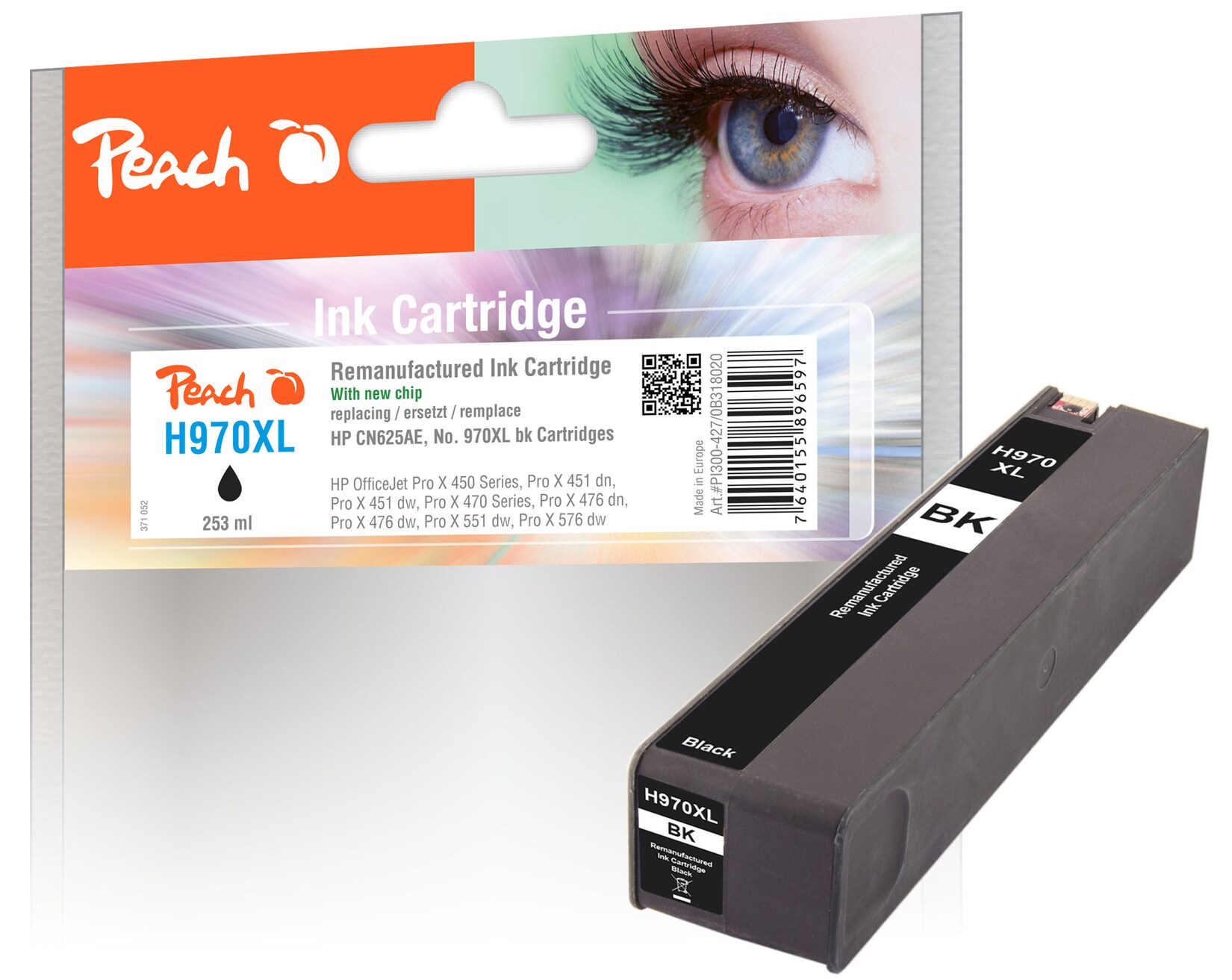 Peach HP 970 XLbk Druckerpatrone XL bk ersetzt HP No. 970XL bk, CN625A für z.B. HP OfficeJet Pro X 450, HP OfficeJet Pro X 451 dn (wiederaufbereitet)